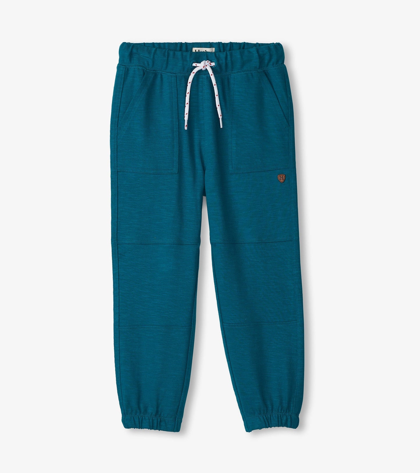 Cozy Moroccan blue jogger pants with an elastic waistband, drawstring, and side pockets.