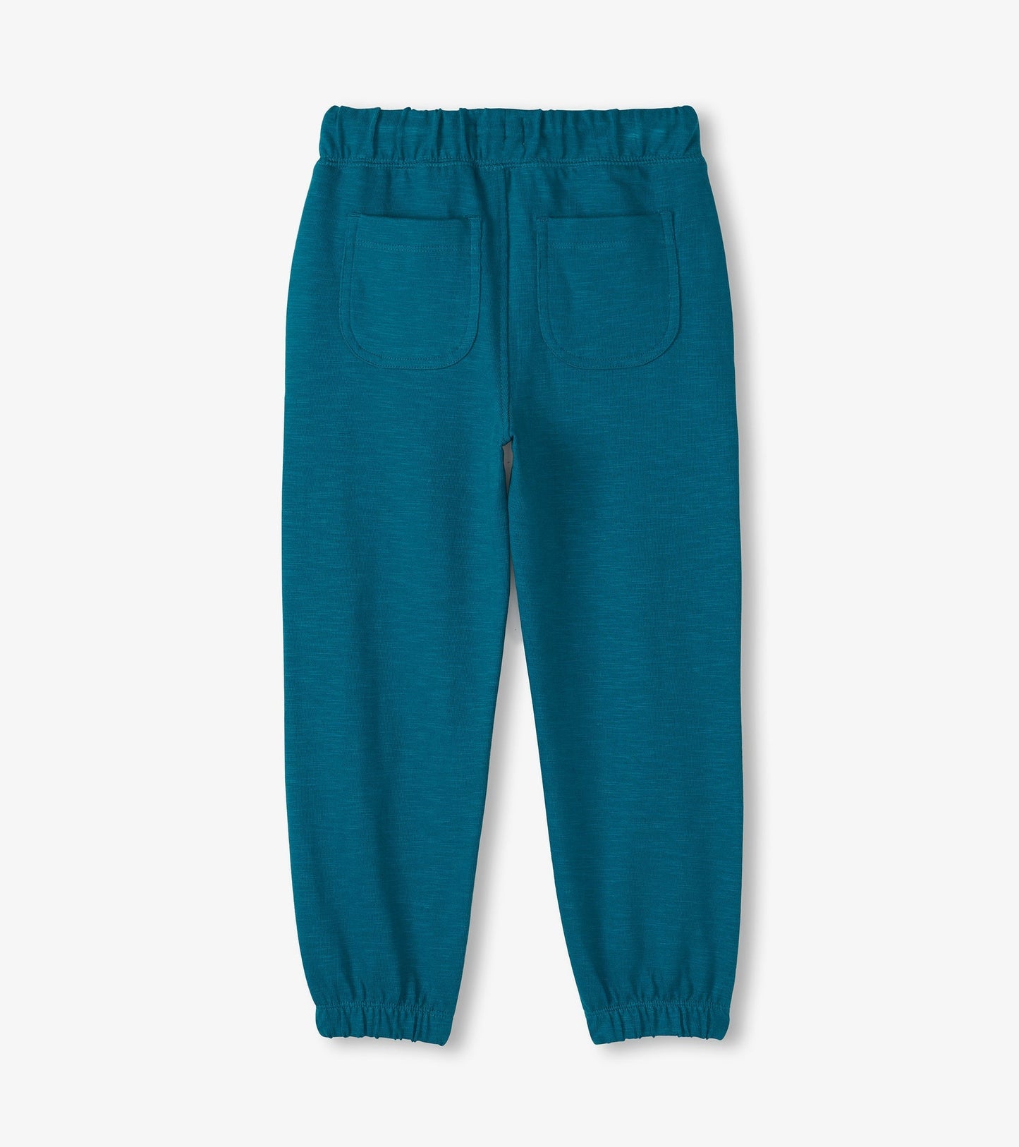 Cozy boys' pants in Moroccan blue, featuring an elastic waistband and two back pockets.