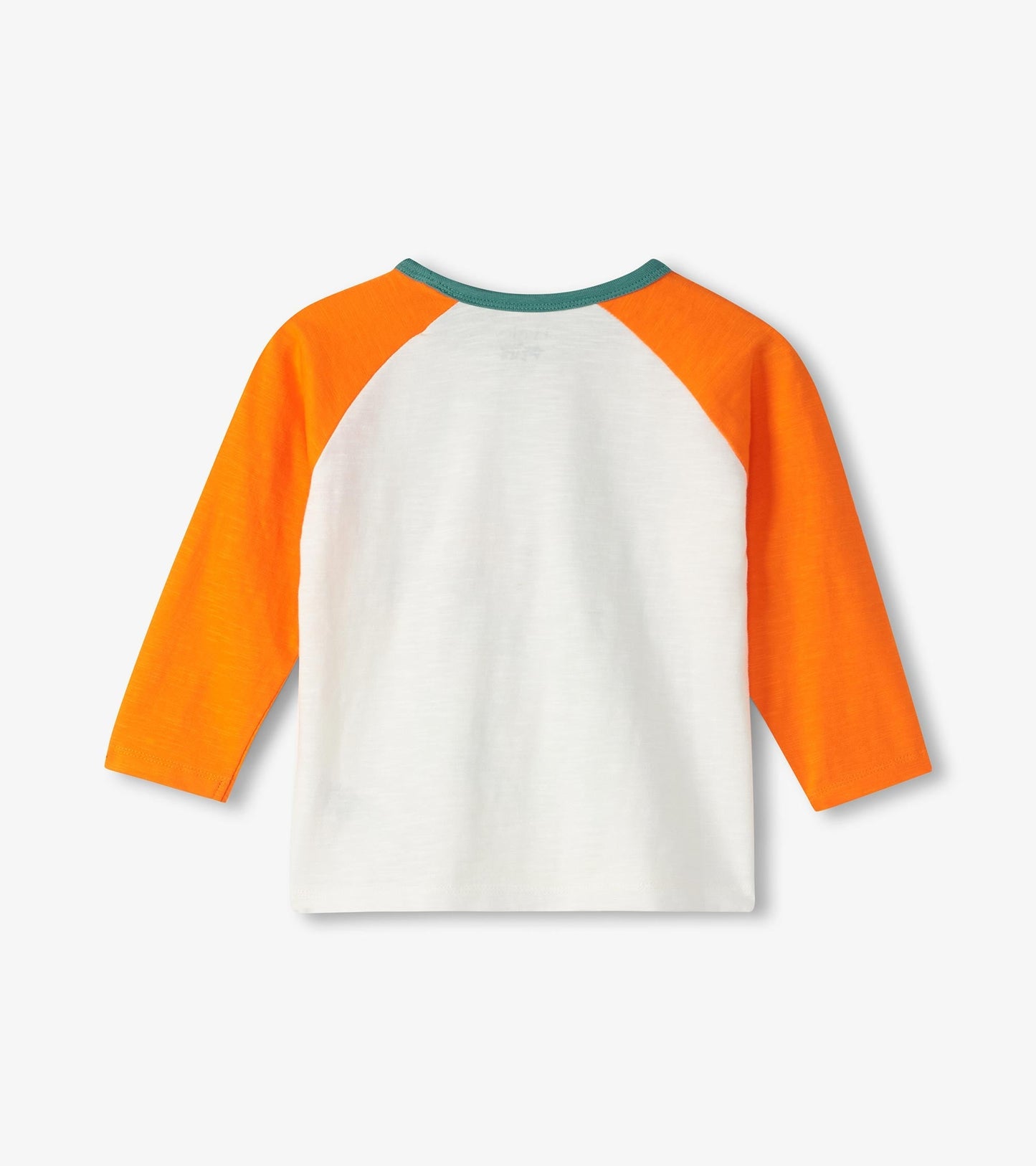 Long sleeve t-shirt featuring orange raglan sleeves and a white body, suitable for baby and toddler boys.