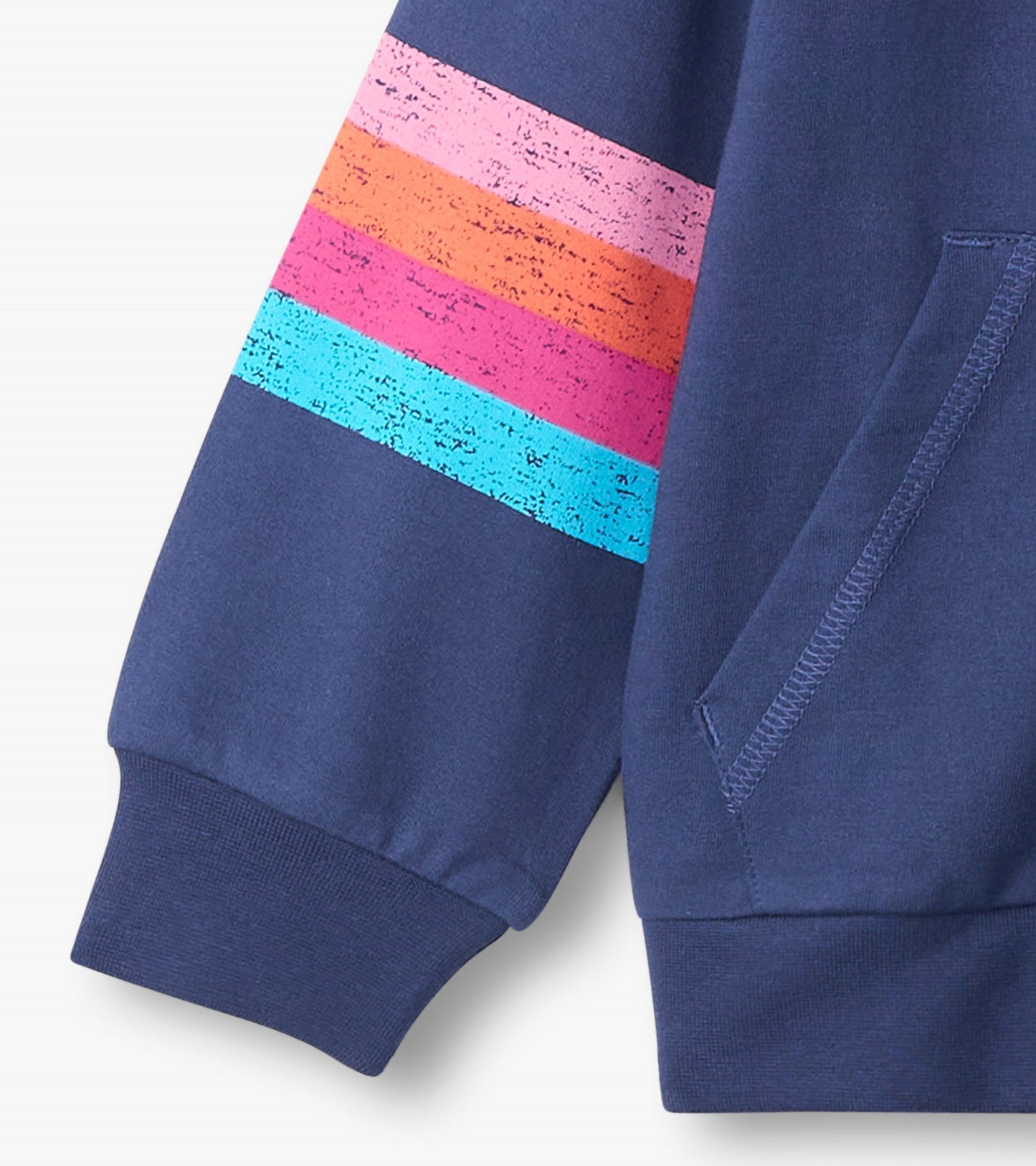 Navy zip-up hoodie featuring colorful striped patterns in pink, orange, and blue on the sleeve.