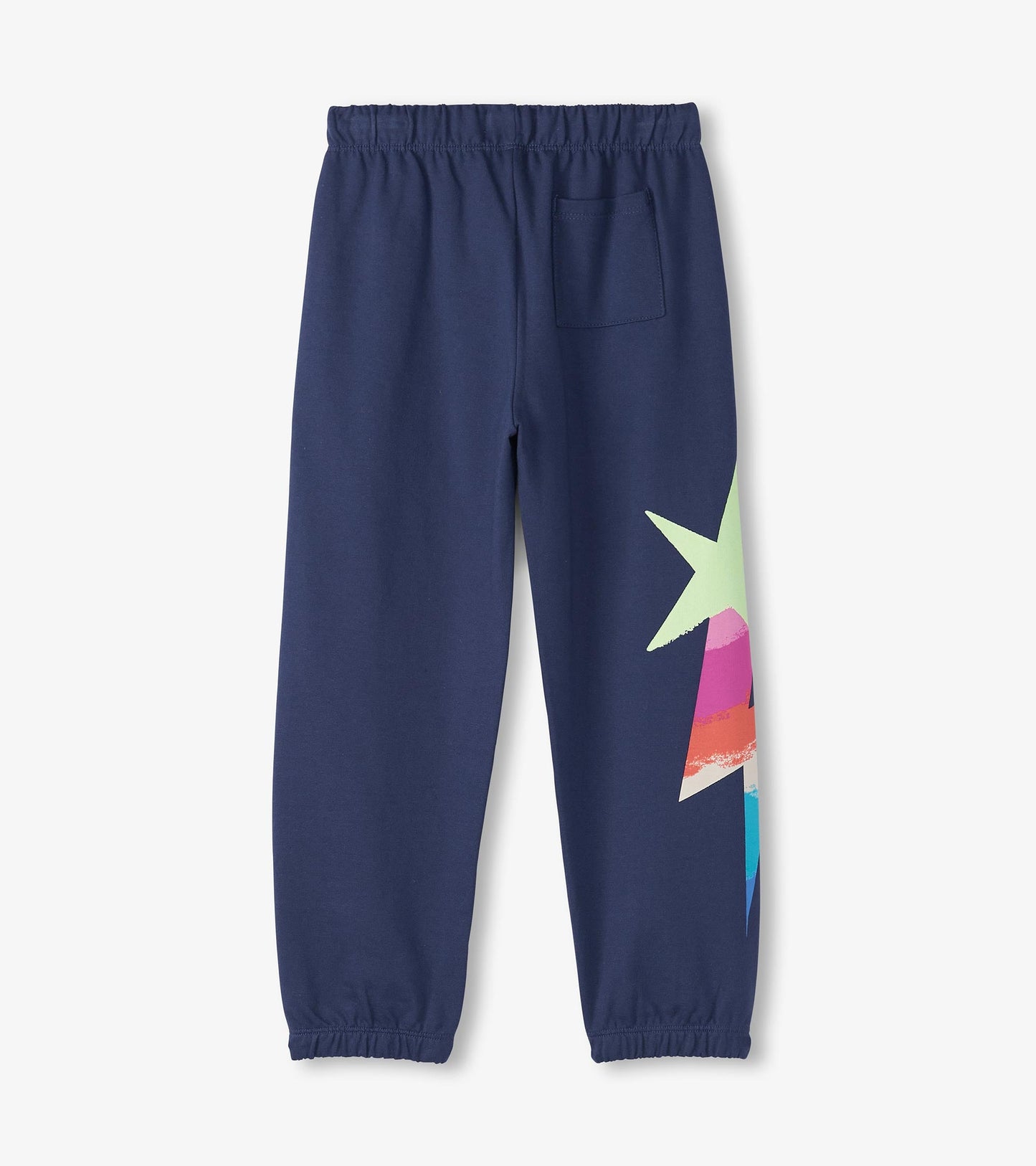 Navy baggy track pants featuring a colorful star graphic on the side and an elastic waistband for comfort.