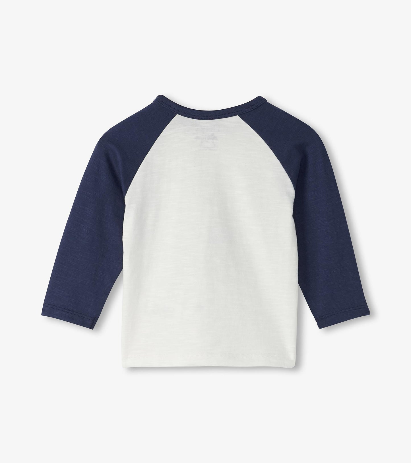 Long sleeve t-shirt featuring a white body and navy blue raglan sleeves, suitable for baby and toddler boys.