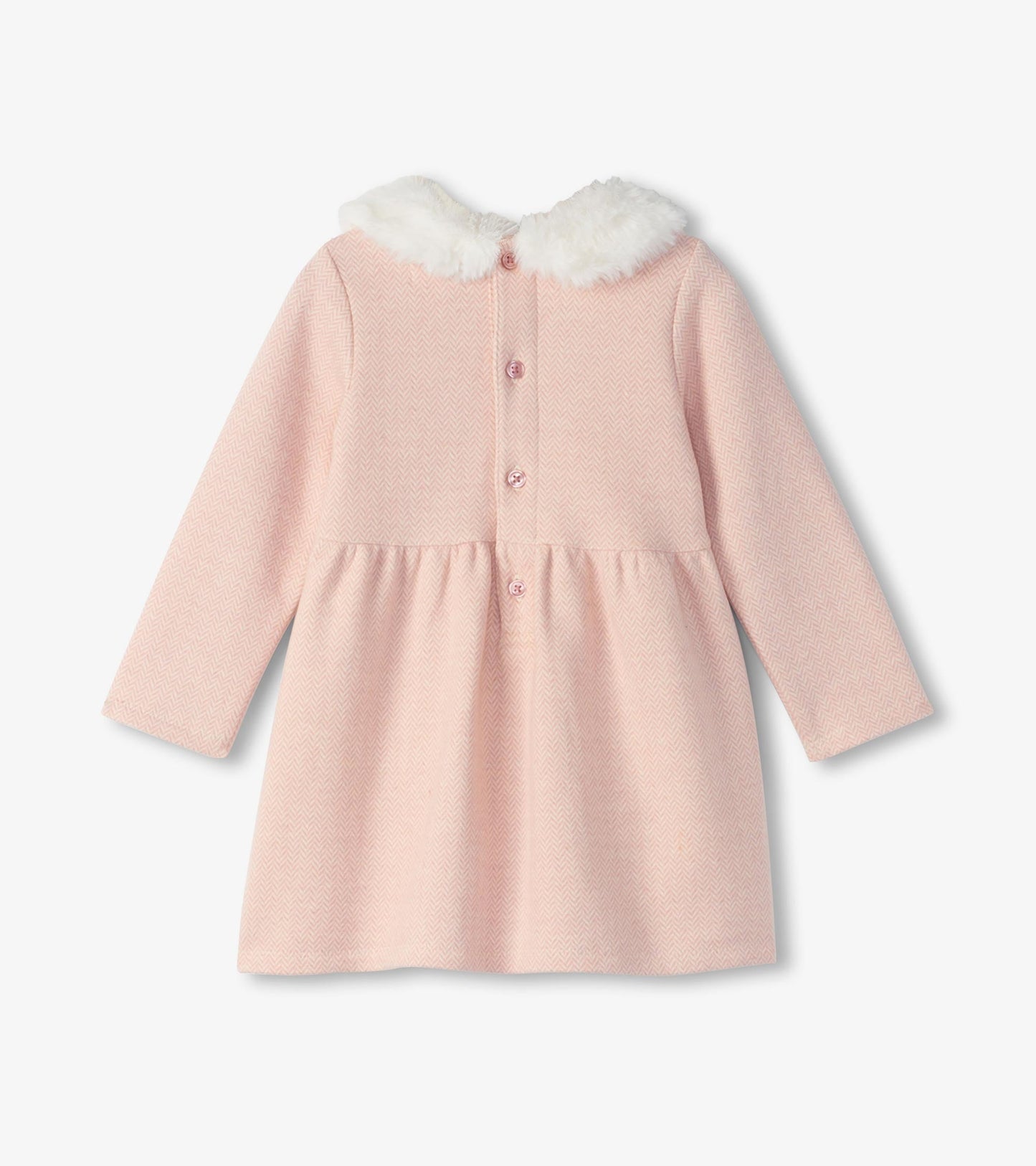 Pink herringbone dress with long sleeves, fur trim collar, and button closure at the back, suitable for baby and toddler gir…