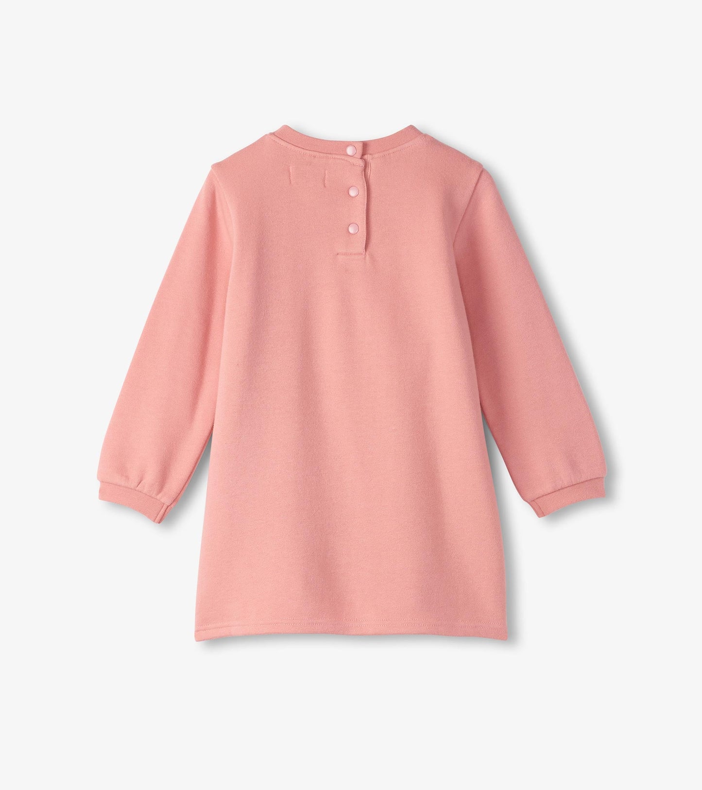Pink cozy dress for baby and toddler girls with long sleeves and button closure at the back.