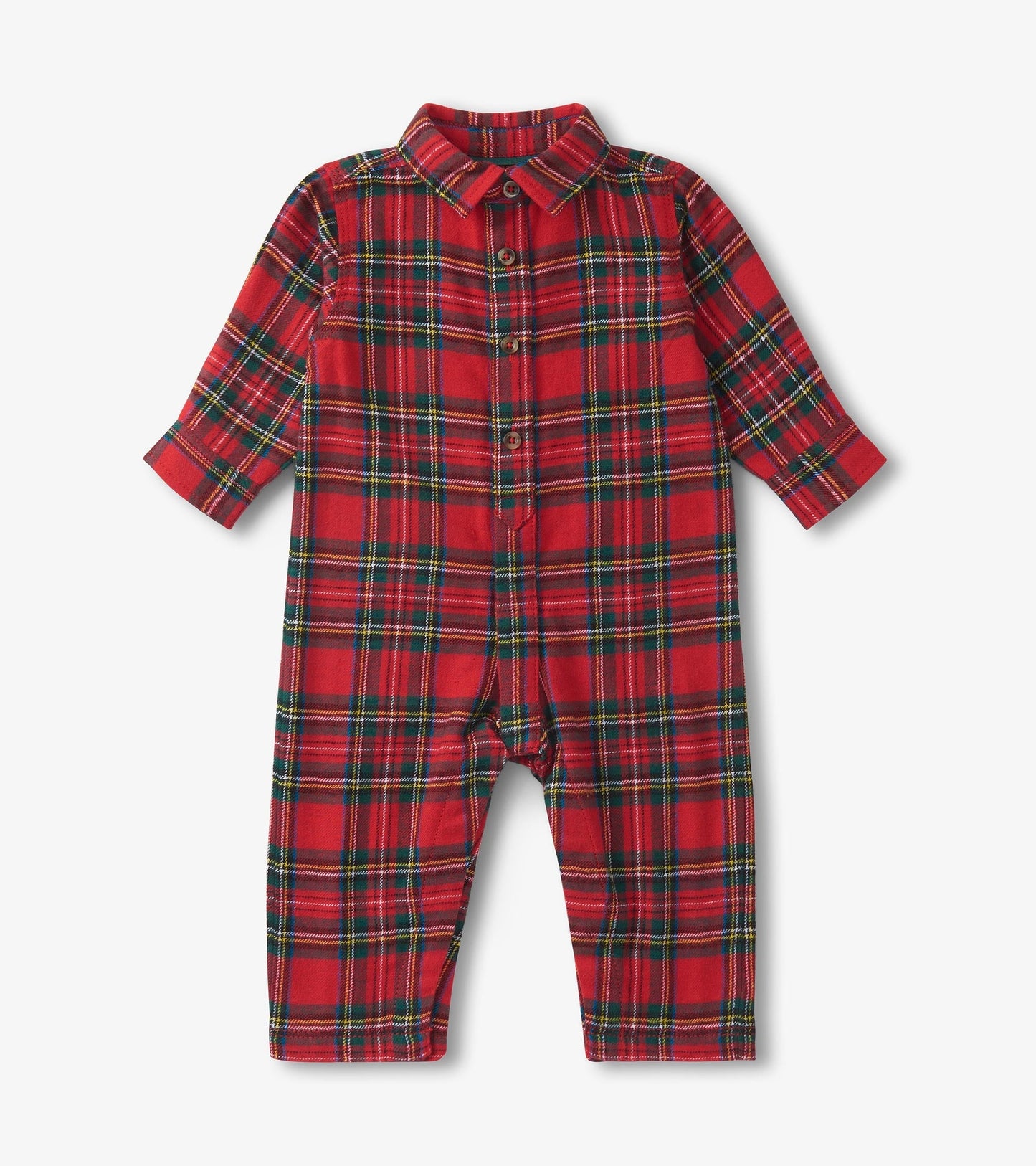 Red plaid button-down romper with long sleeves and button front, suitable for infants.