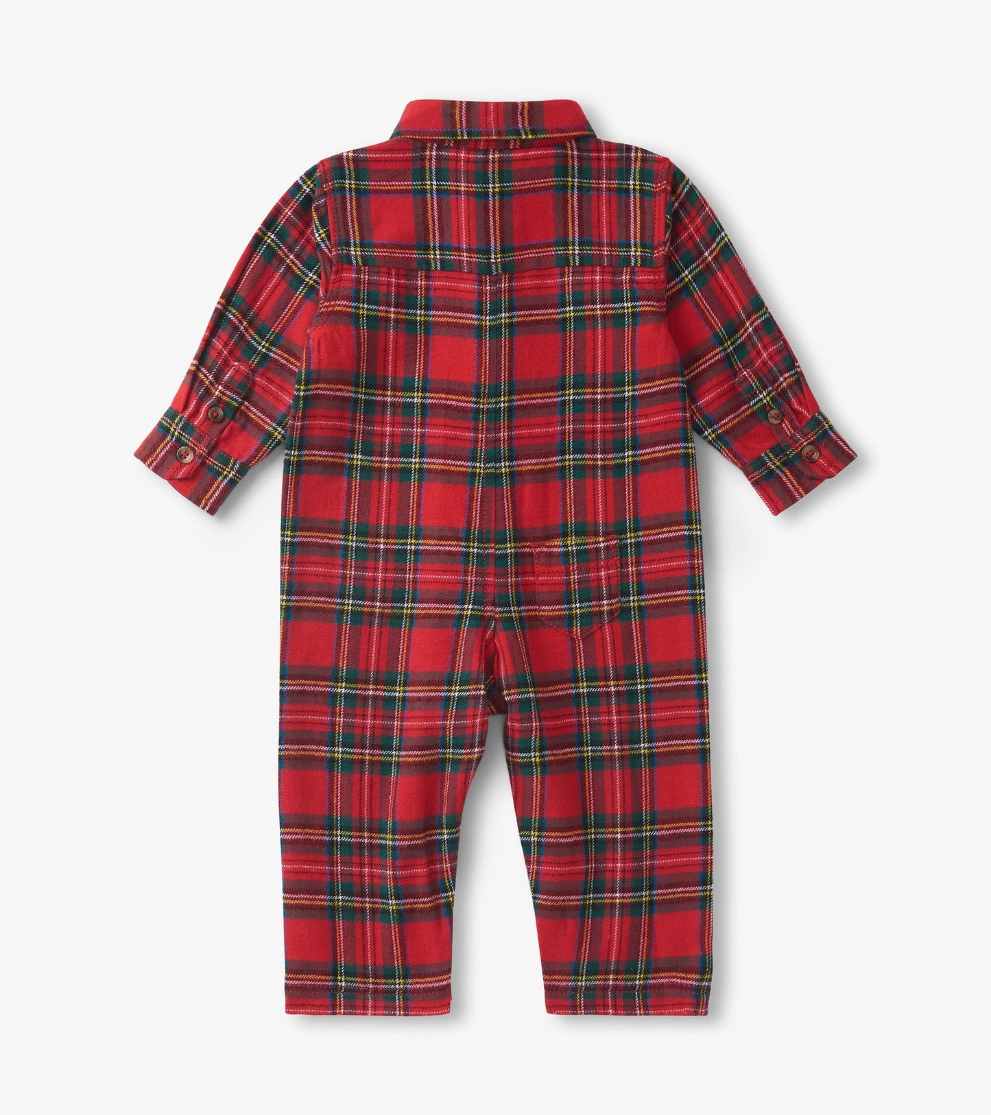 Red plaid button-down romper with long sleeves and a collar, featuring two back pockets. Suitable for infants.