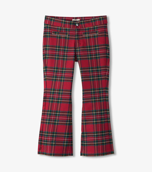 Red plaid flared pants with a button closure and front pockets, suitable for casual wear.