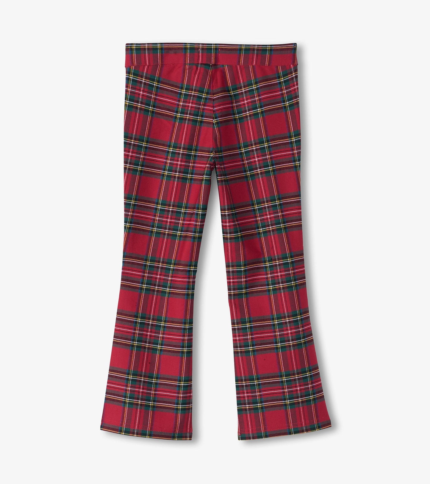 Red plaid flared pants with a vibrant check pattern, featuring a comfortable waistband and a stylish cut.