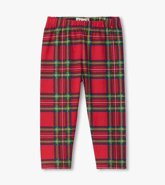 Red plaid leggings featuring an elastic waistband, suitable for babies and toddlers.