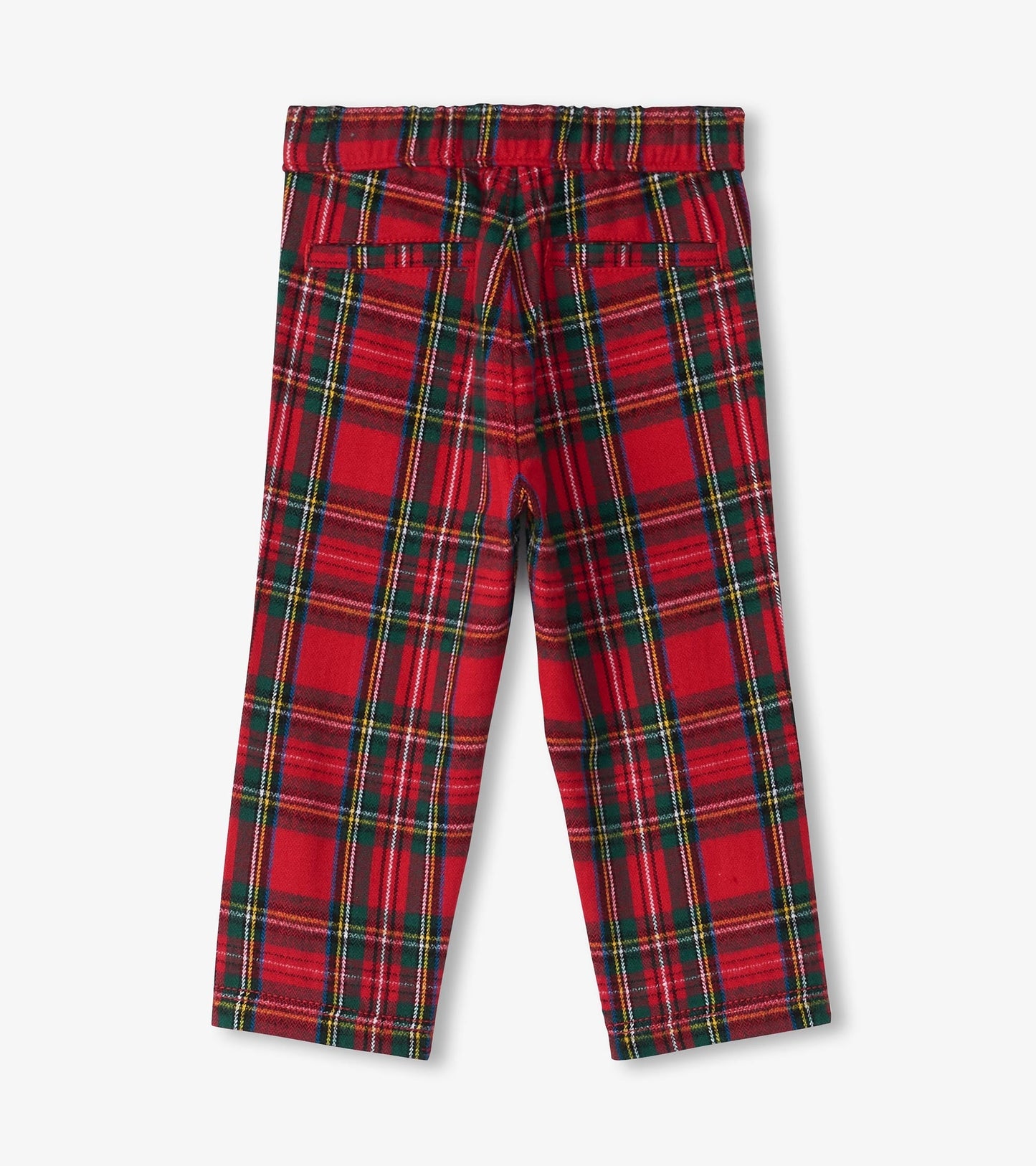 Red plaid straight leg pants for babies and toddlers with an elastic waistband and back pockets.