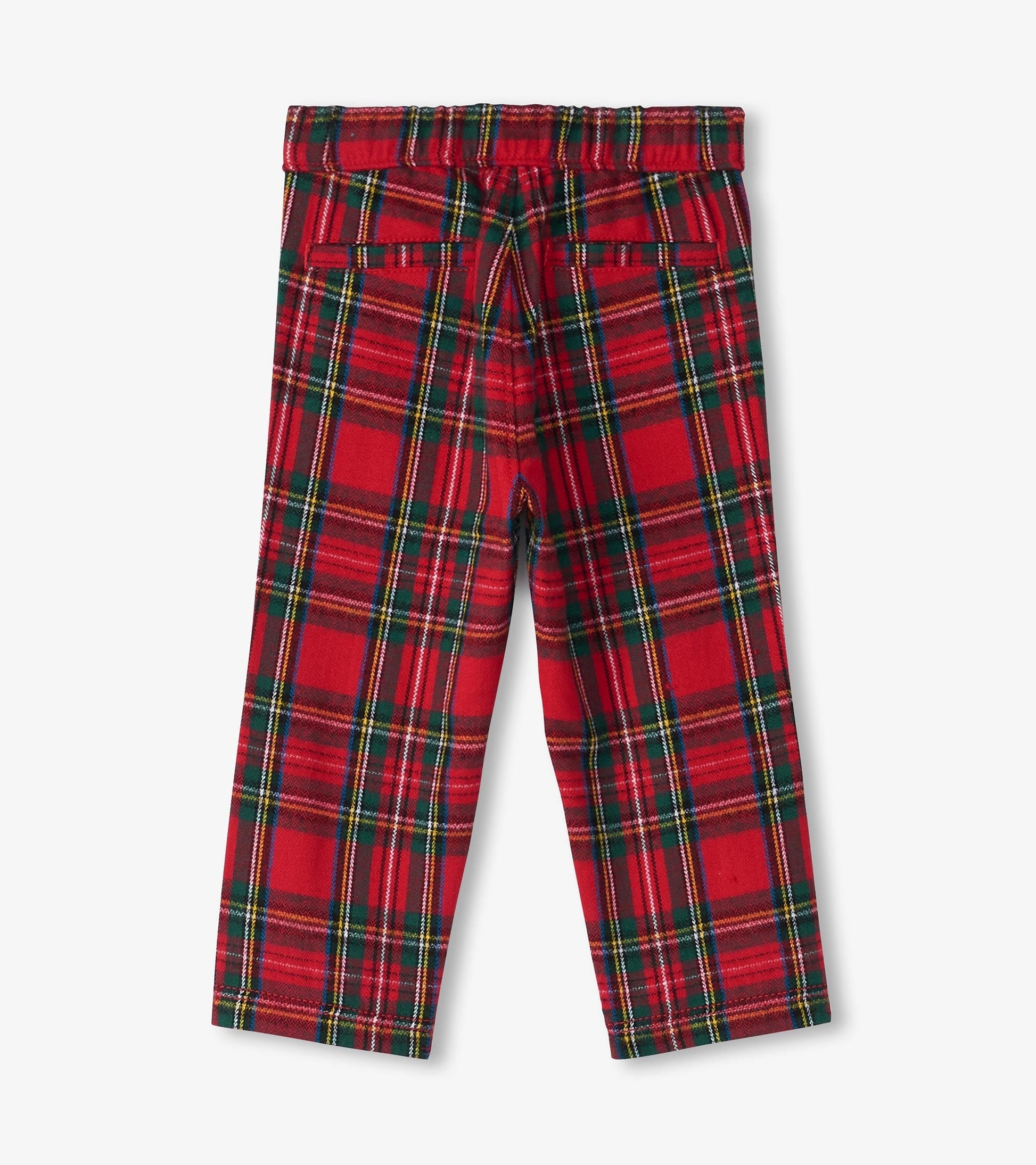 Red plaid straight leg pants for babies and toddlers with an elastic waistband and back pockets.