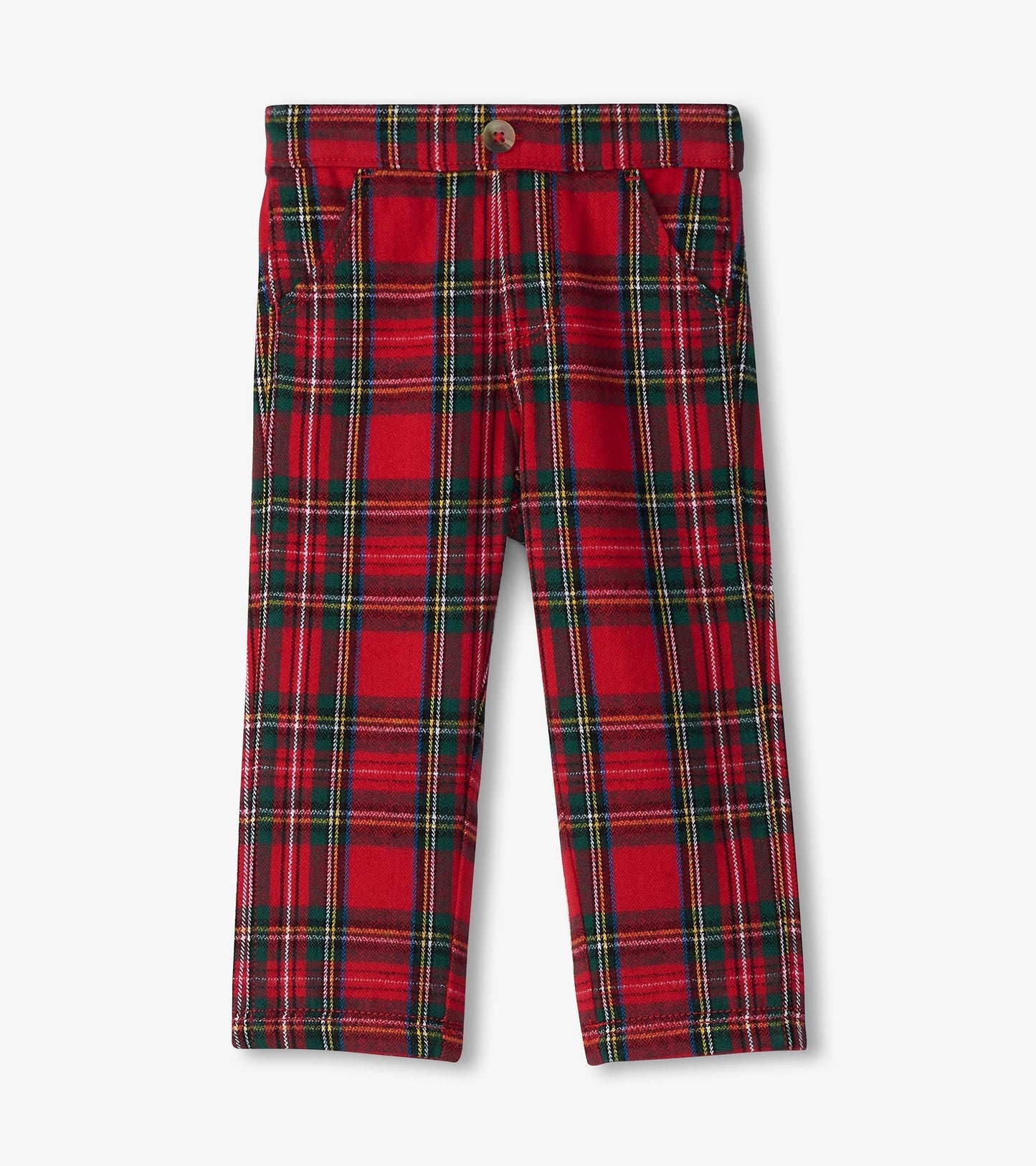 Red plaid straight leg pants for babies and toddlers, featuring pockets and a button closure.