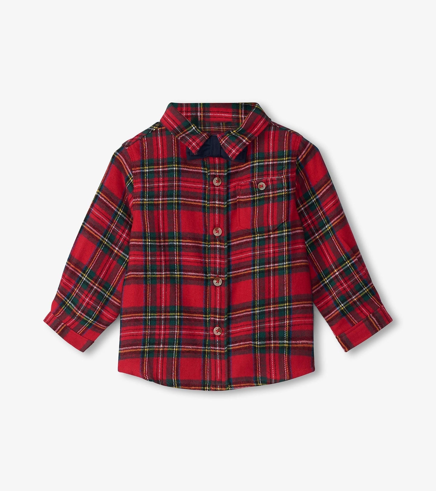 Red plaid button-down shirt for babies and toddlers with long sleeves and button closure.