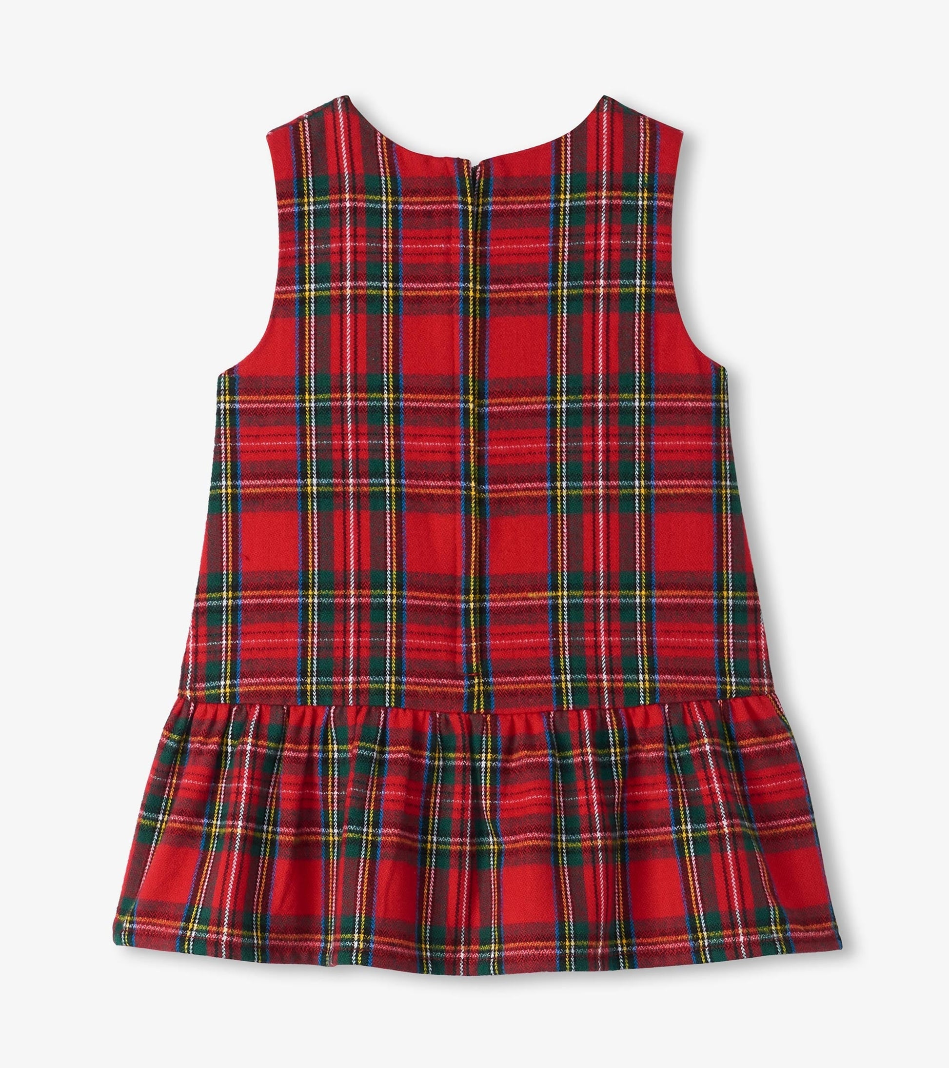 Red plaid pinafore dress with a flared skirt and sleeveless design, featuring a back button closure.
