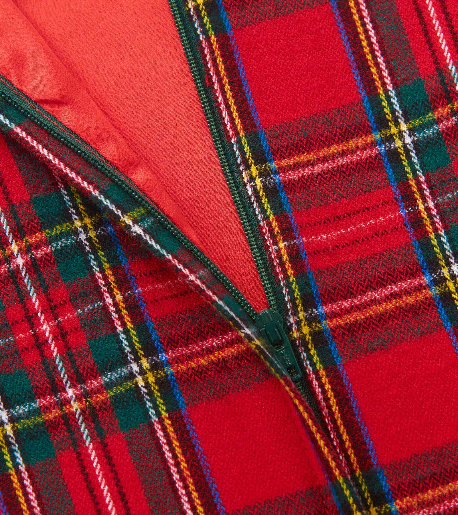 Red plaid pinafore dress with a zip closure, featuring green, yellow, and blue accents on a soft fabric.