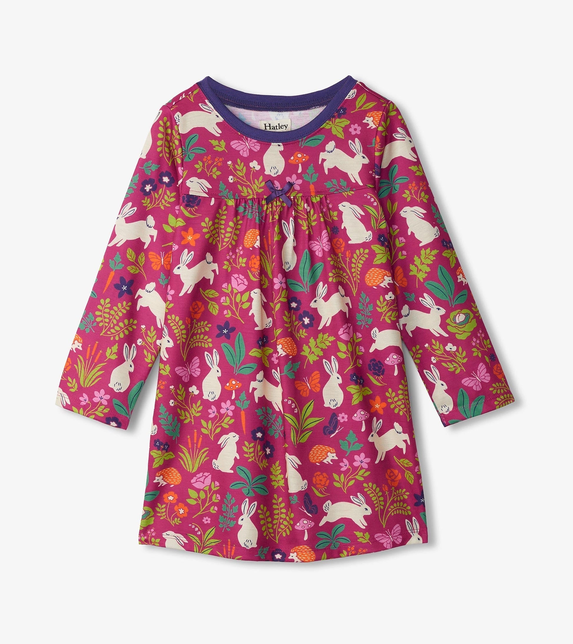 Purple long-sleeve nightgown featuring a playful bunny and floral pattern, perfect for girls.