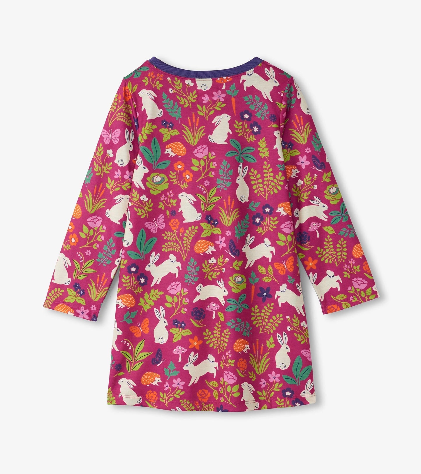 Long-sleeve nightgown in vibrant pink with a playful bunny and floral pattern. Soft, comfortable fabric for sleepwear.