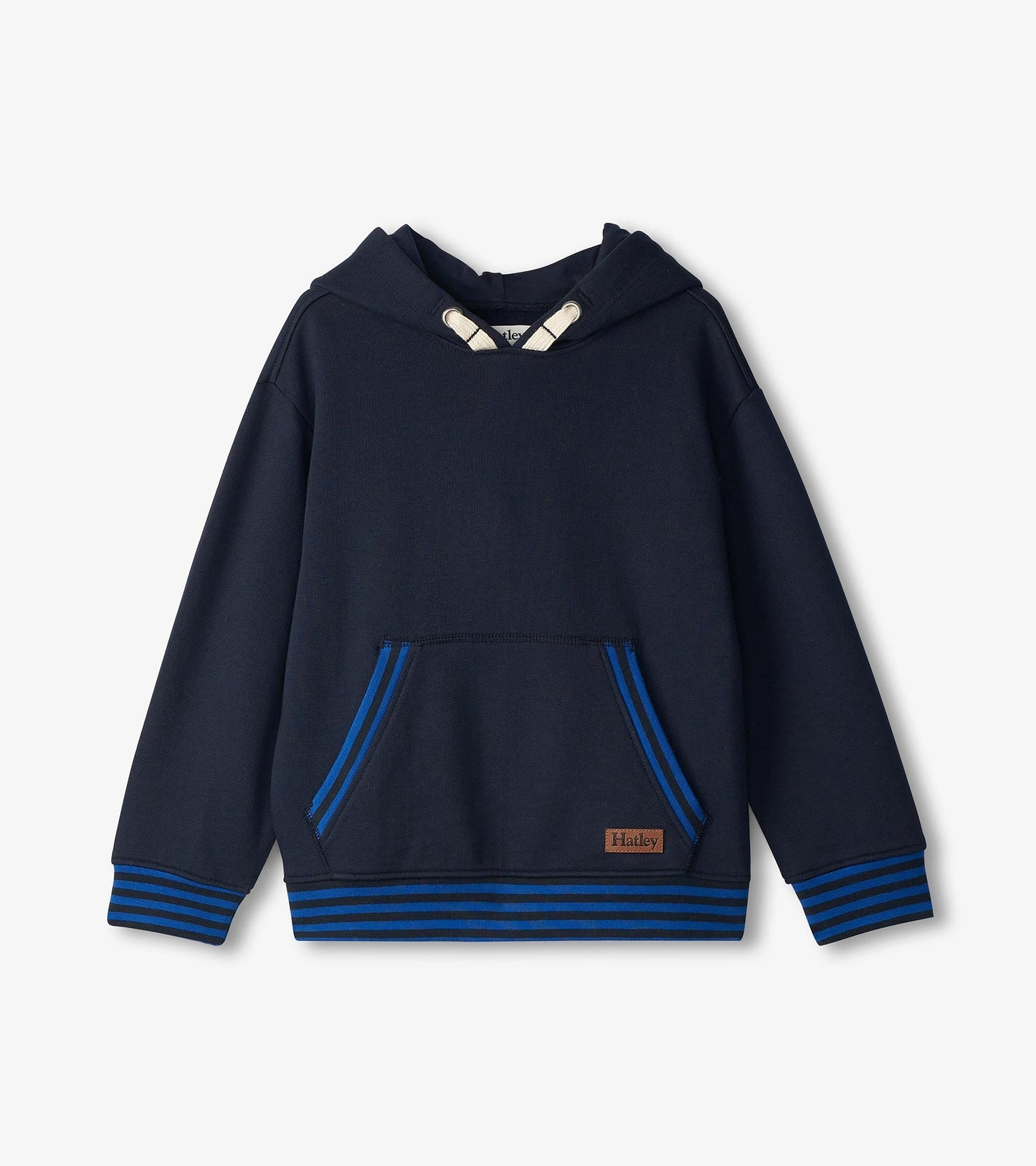 Navy pullover hoodie with blue striped accents and a front pocket, featuring a drawstring hood.