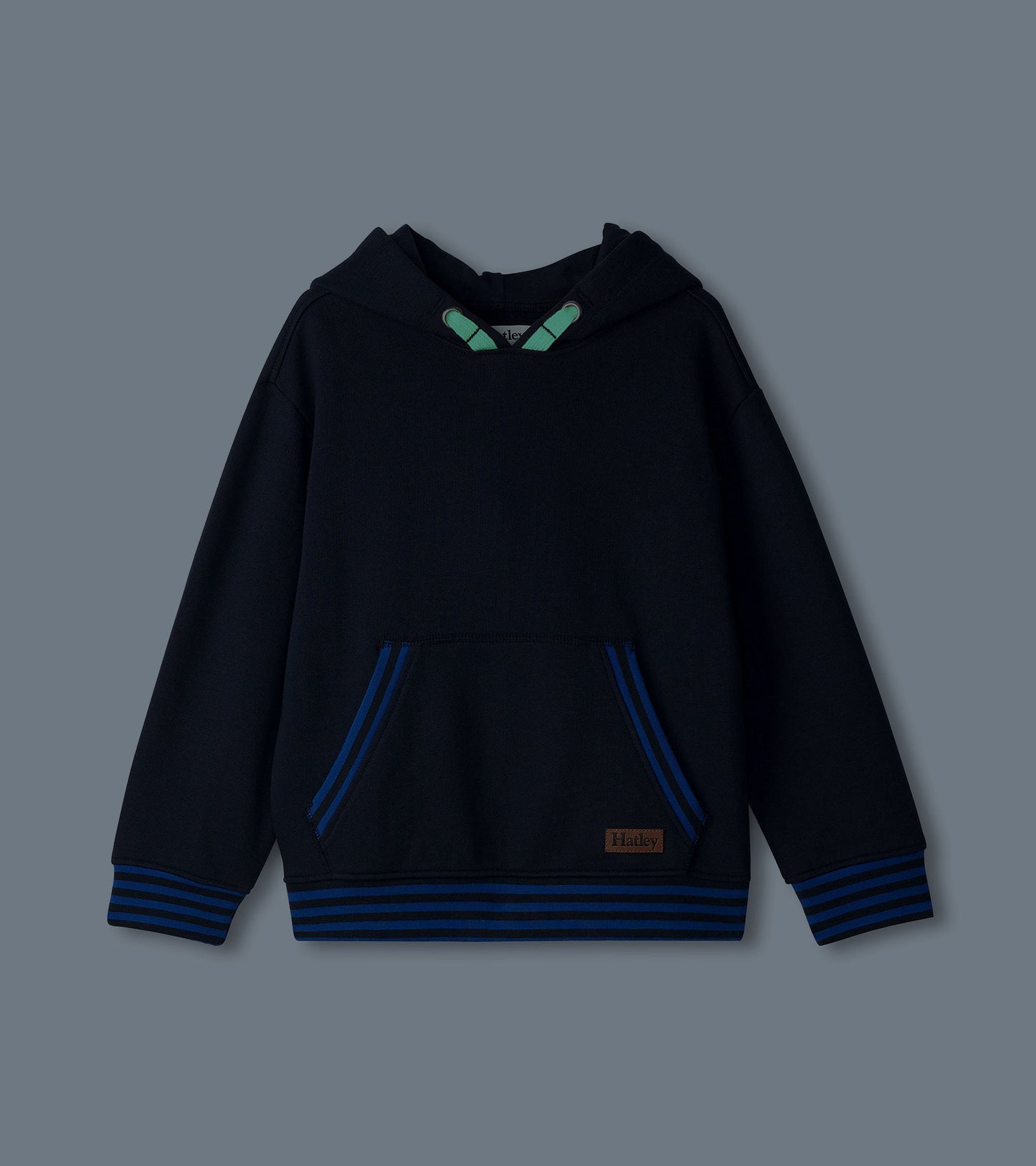 Navy pullover hoodie with striped cuffs and pocket, featuring a green drawstring and relaxed fit for boys.