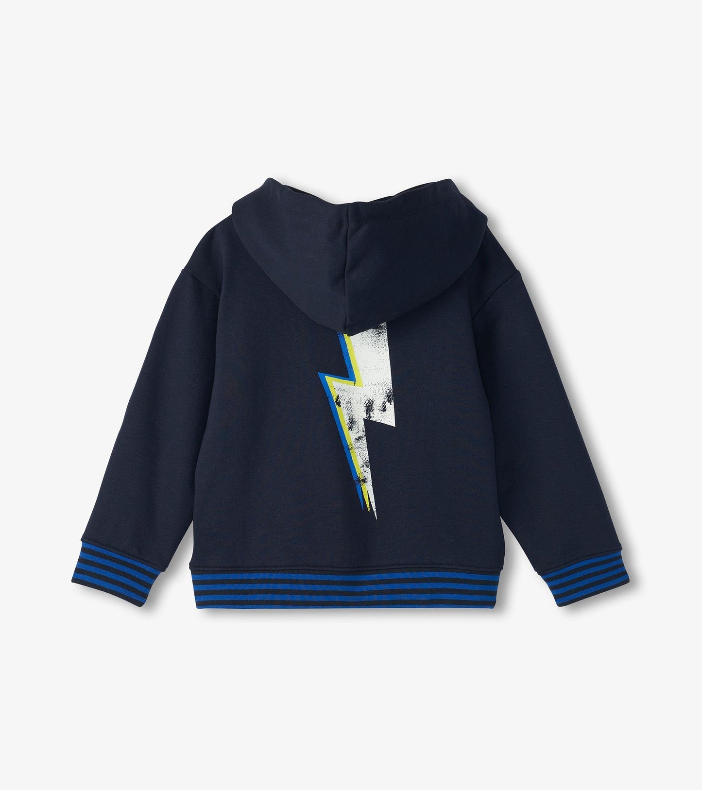 Navy pullover hoodie featuring a large lightning bolt graphic on the back and striped cuffs.