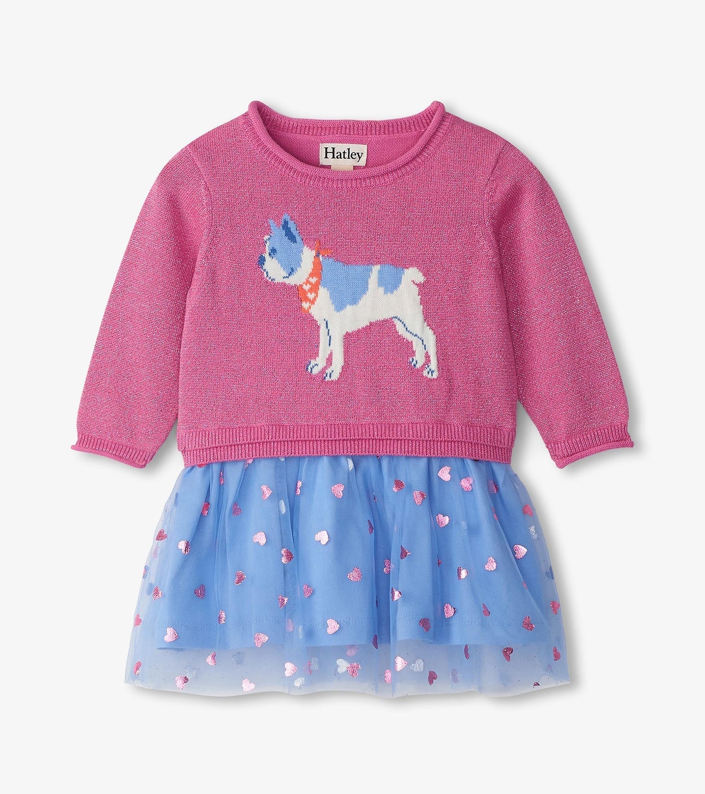 Pink sweater dress with a French bulldog design, layered with a blue tulle skirt featuring pink heart patterns.
