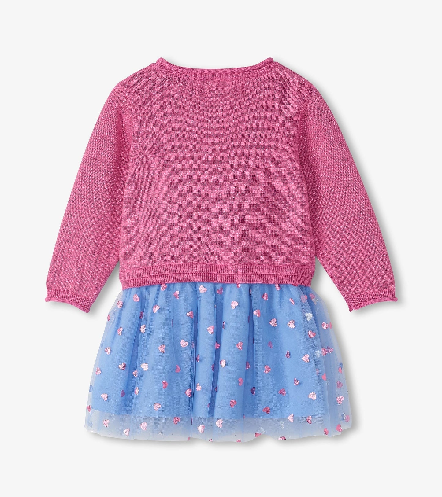 Pink sweater top with long sleeves and a blue tulle skirt featuring scattered pink and white hearts, drop waist design.