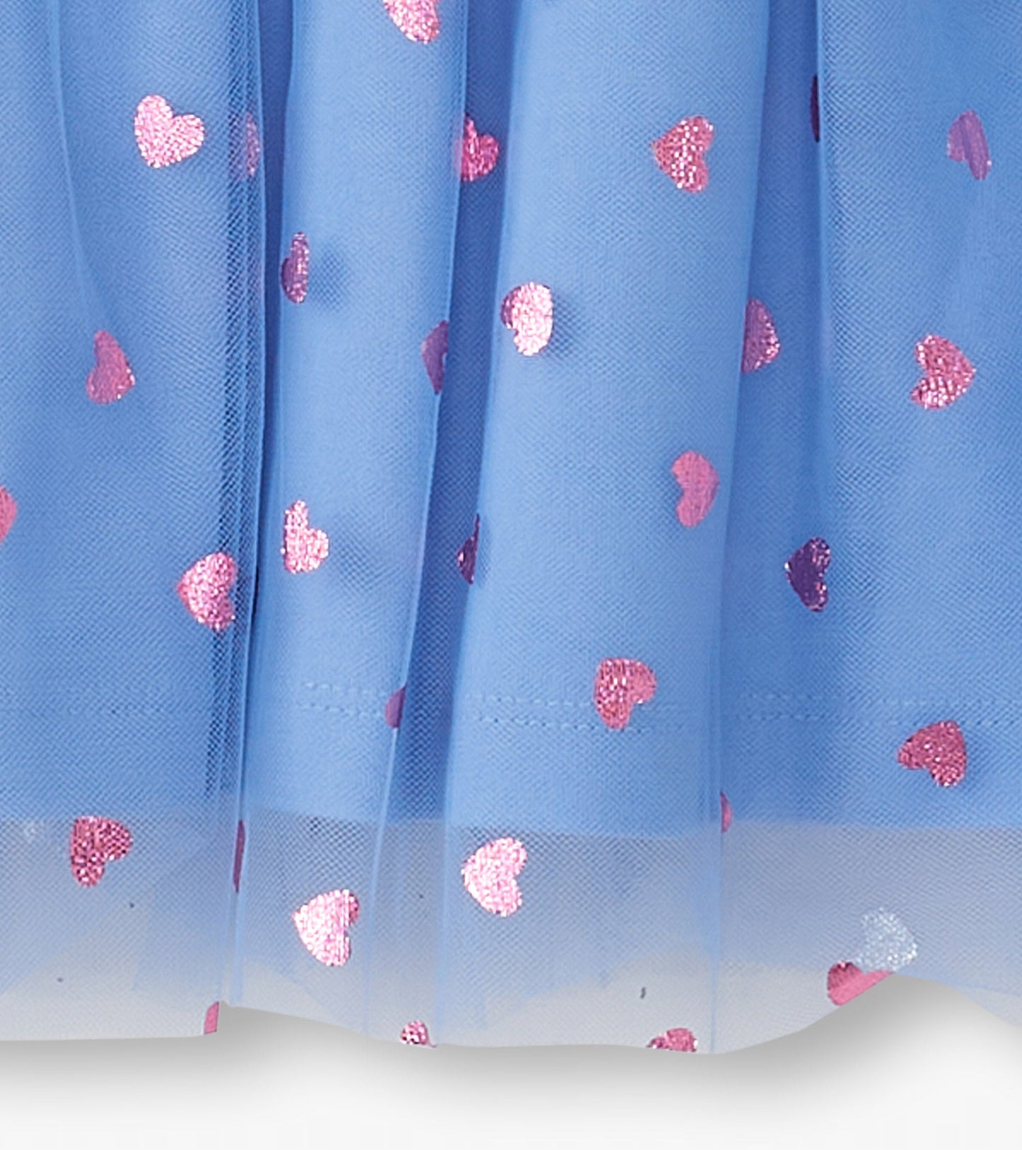 Light blue drop waist sweater dress with pink glitter heart patterns, suitable for baby and toddler girls.