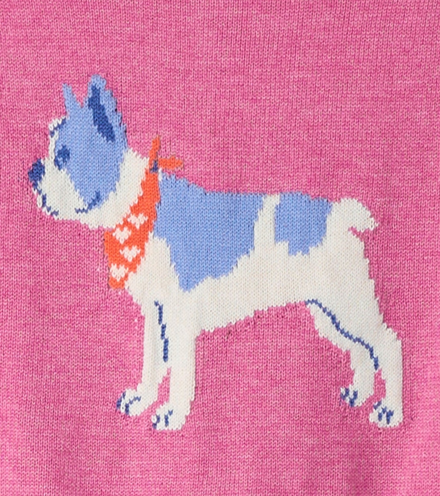Pink sweater featuring a blue and white French Bulldog with an orange bandana.