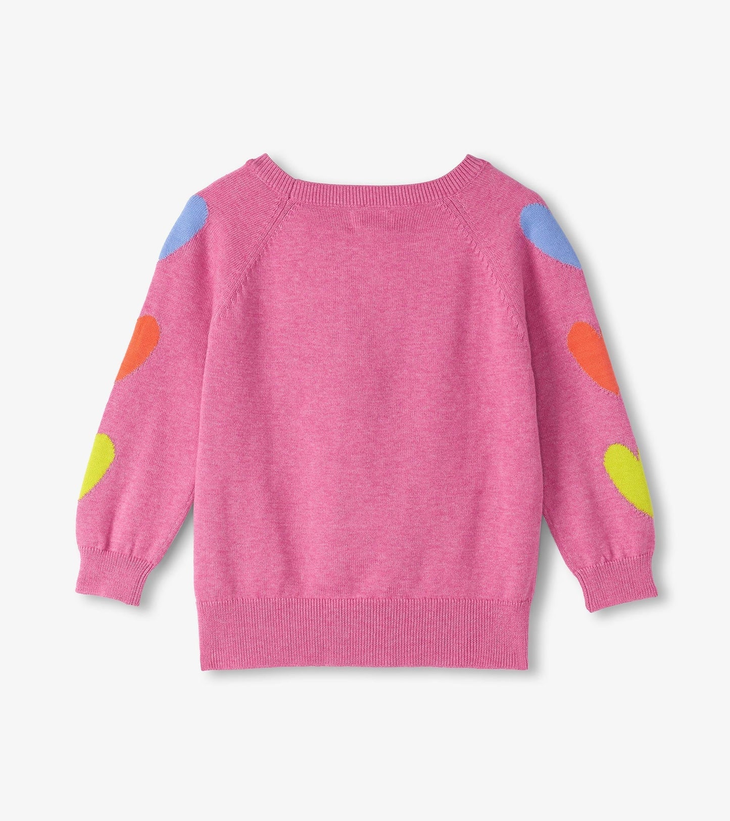 Pink sweater for baby and toddler girls featuring colorful heart patterns on the sleeves.