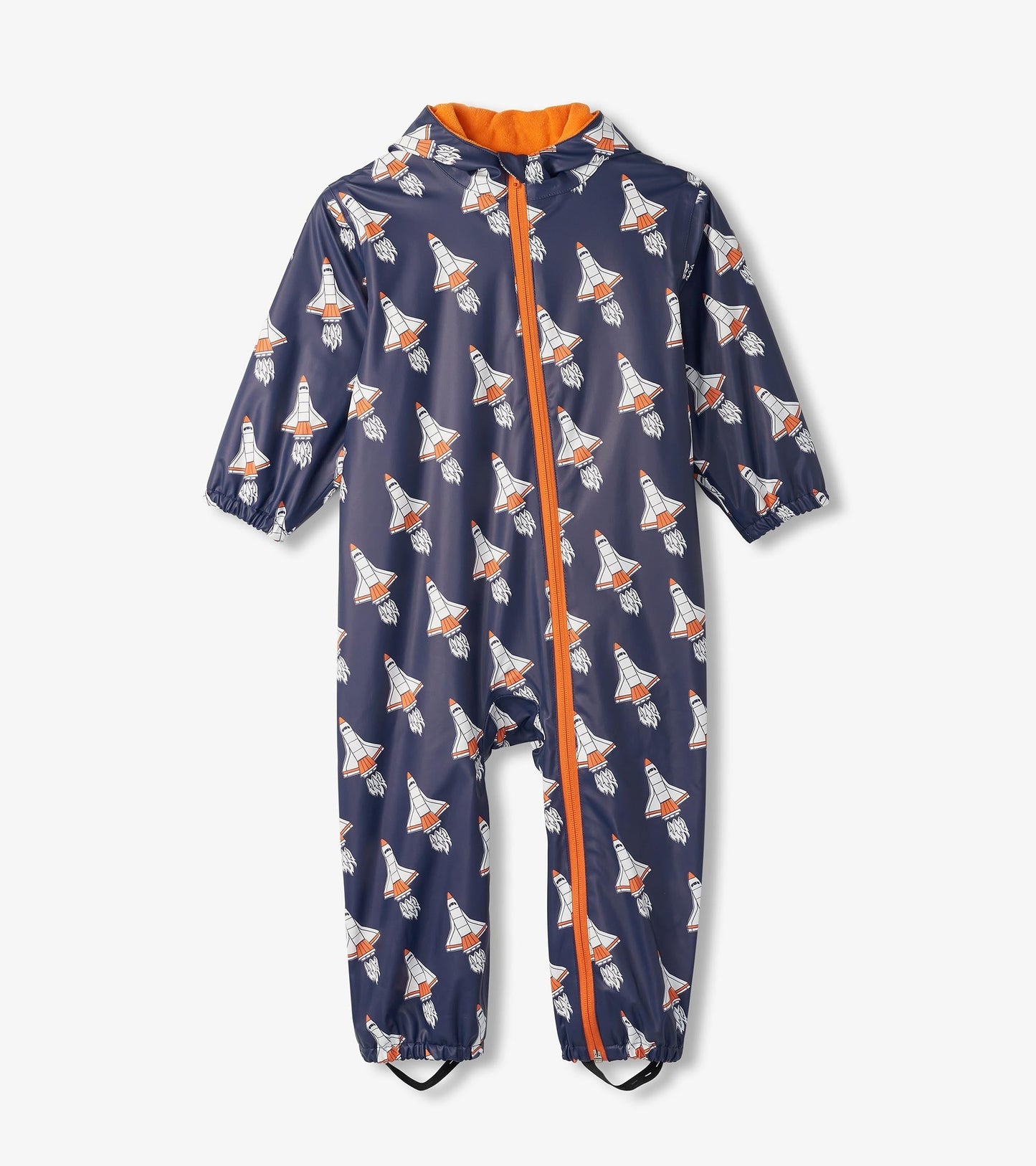 Navy rain suit for baby boys featuring a rocket pattern, with an orange zipper and hood, suitable for wet weather.