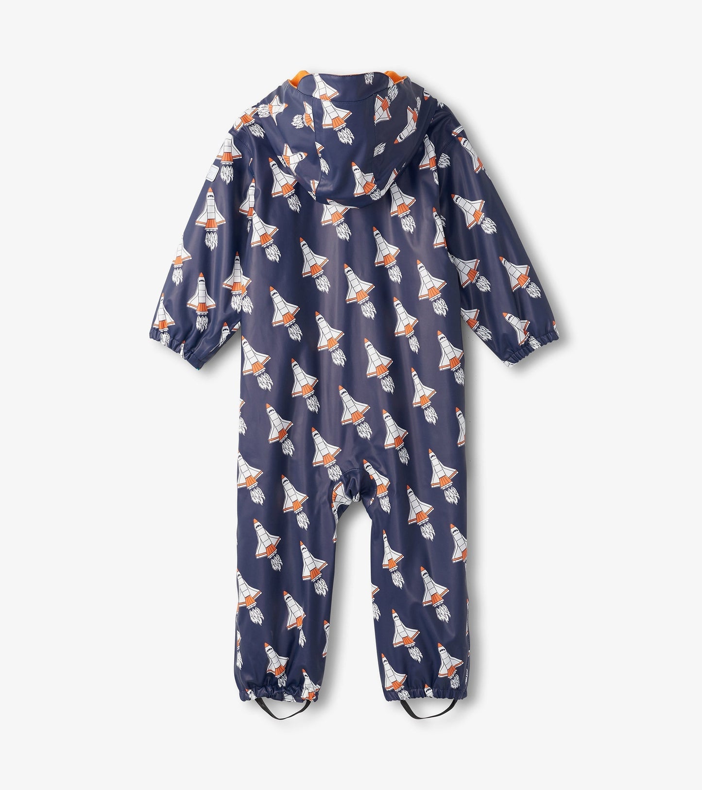 Navy rain suit for baby boys featuring a space shuttle pattern, with a hood and elastic cuffs for a snug fit.