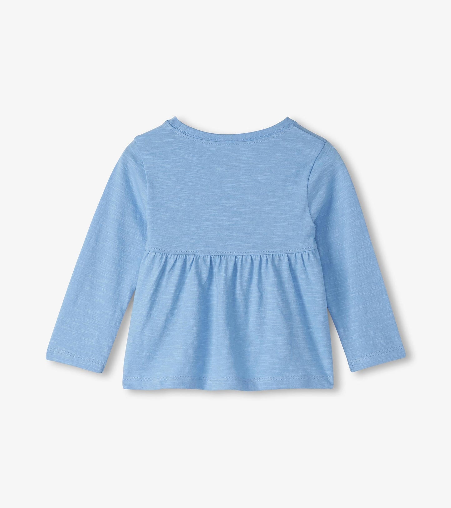 Light blue long sleeve t-shirt with a gathered waist, suitable for baby and toddler girls.