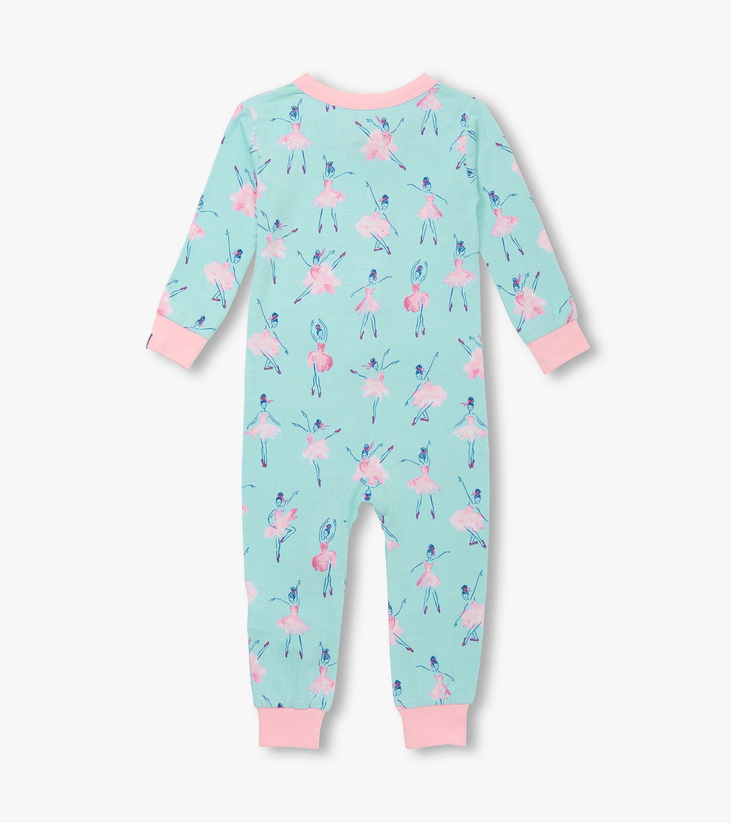A mint green bamboo sleeper featuring a ballet dancer print, with pink cuffs and neckline, suitable for baby girls.