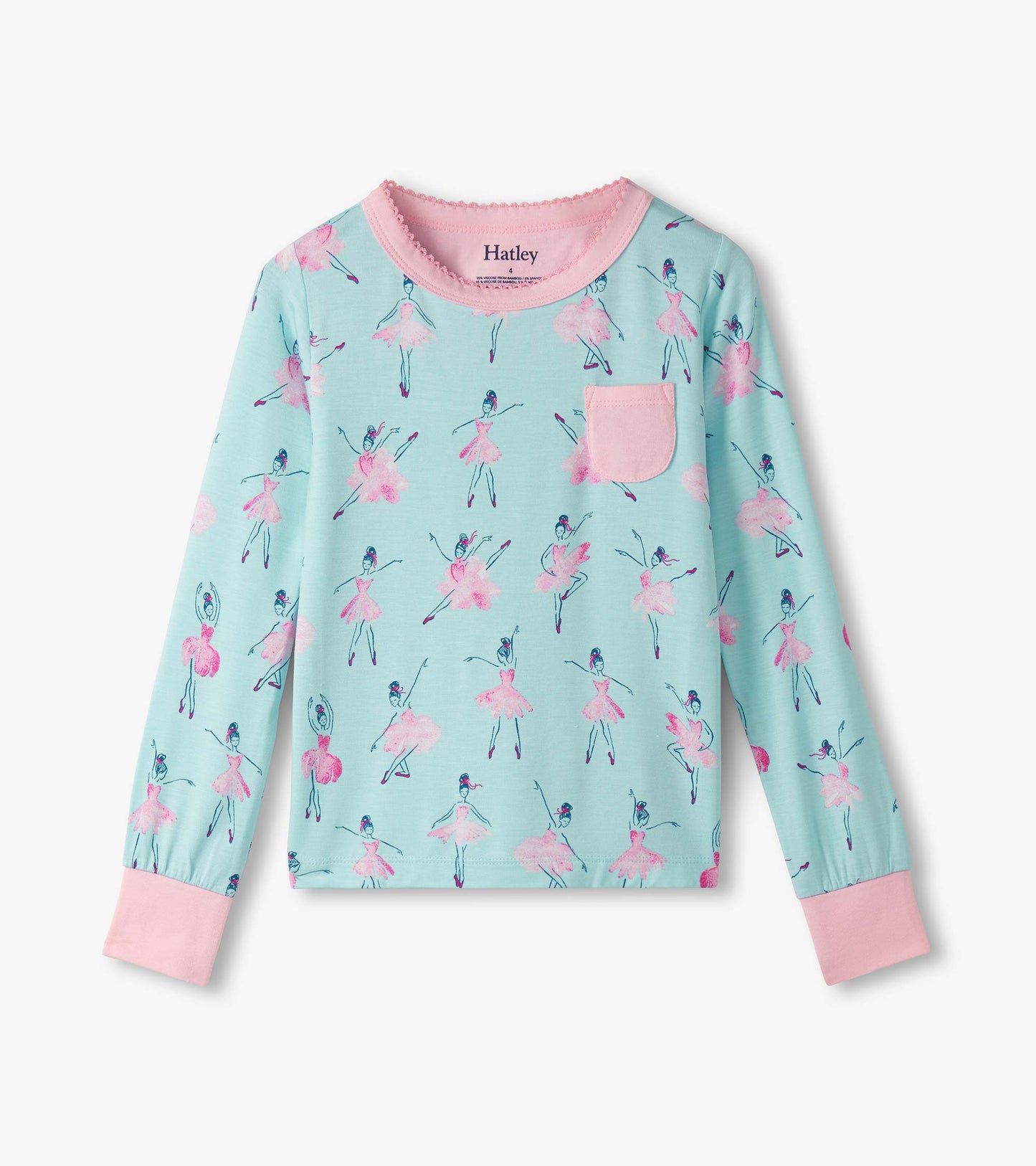 Light blue long-sleeve pyjama top featuring colorful ballet dancer prints and pink cuffs.