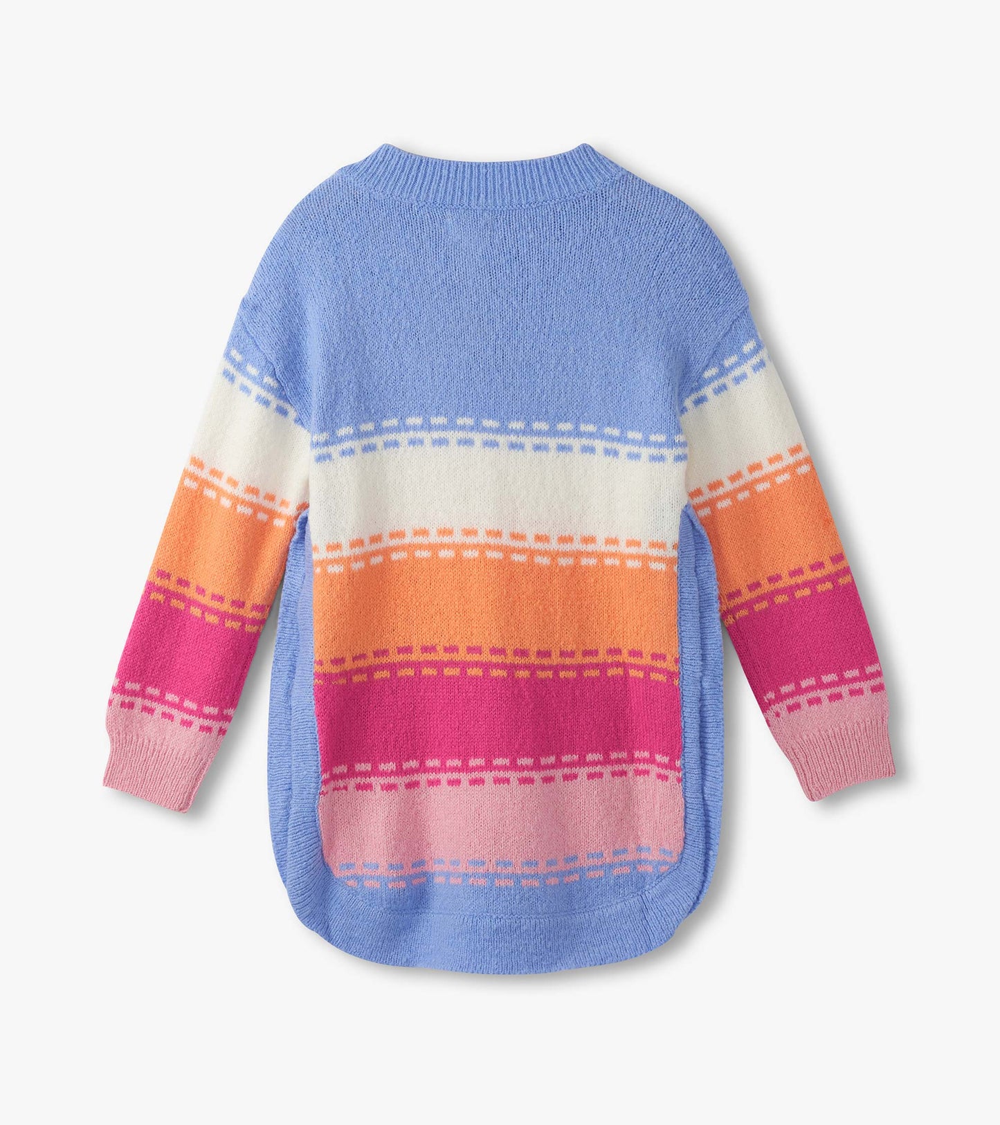 Chunky sweater tunic in blue with colorful horizontal stripes in pink, orange, and white; features a round neckline and side…