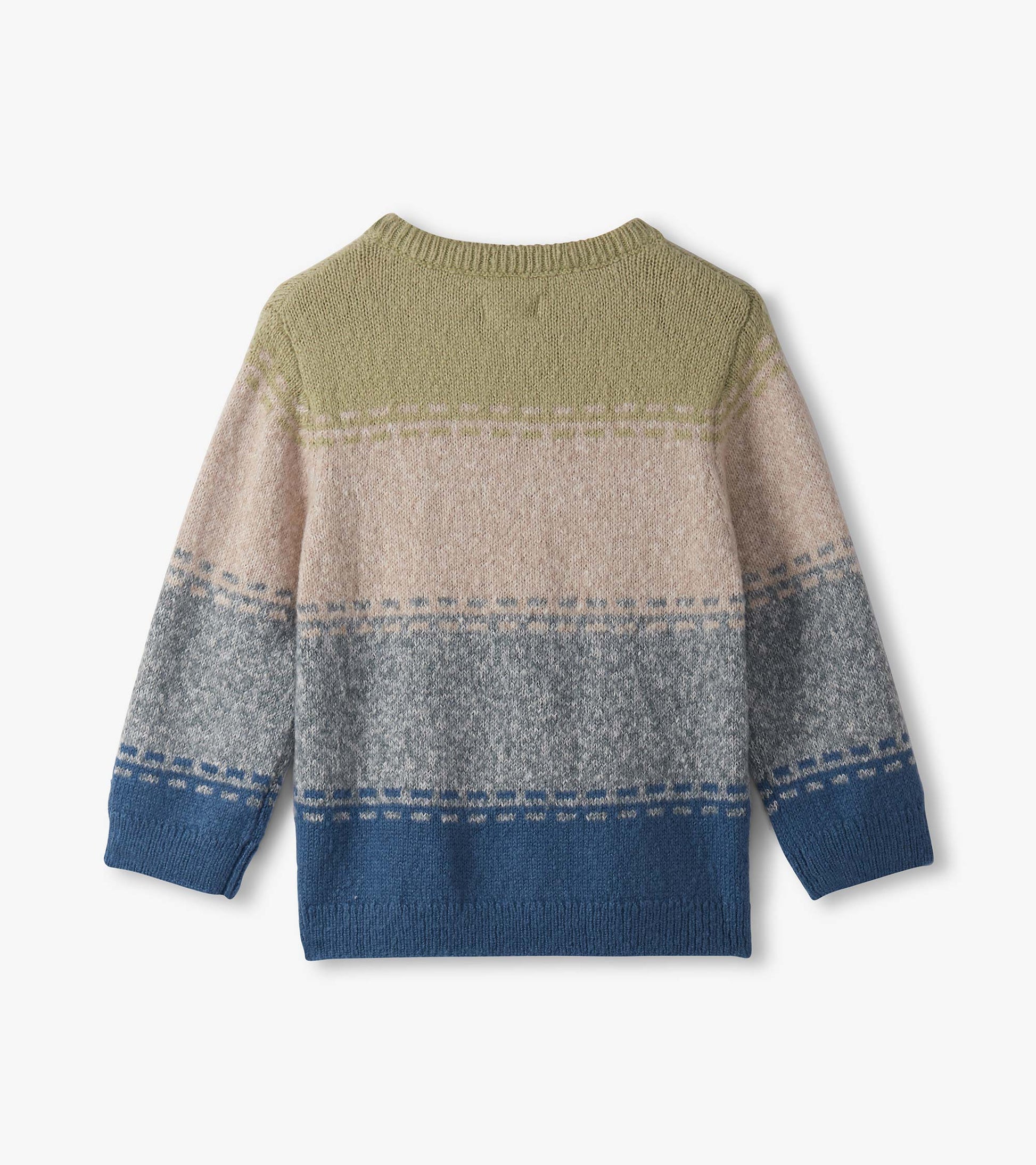 Blue combo crew neck sweater for baby and toddler boys, featuring a soft knit with green, pink, grey, and blue stripes.