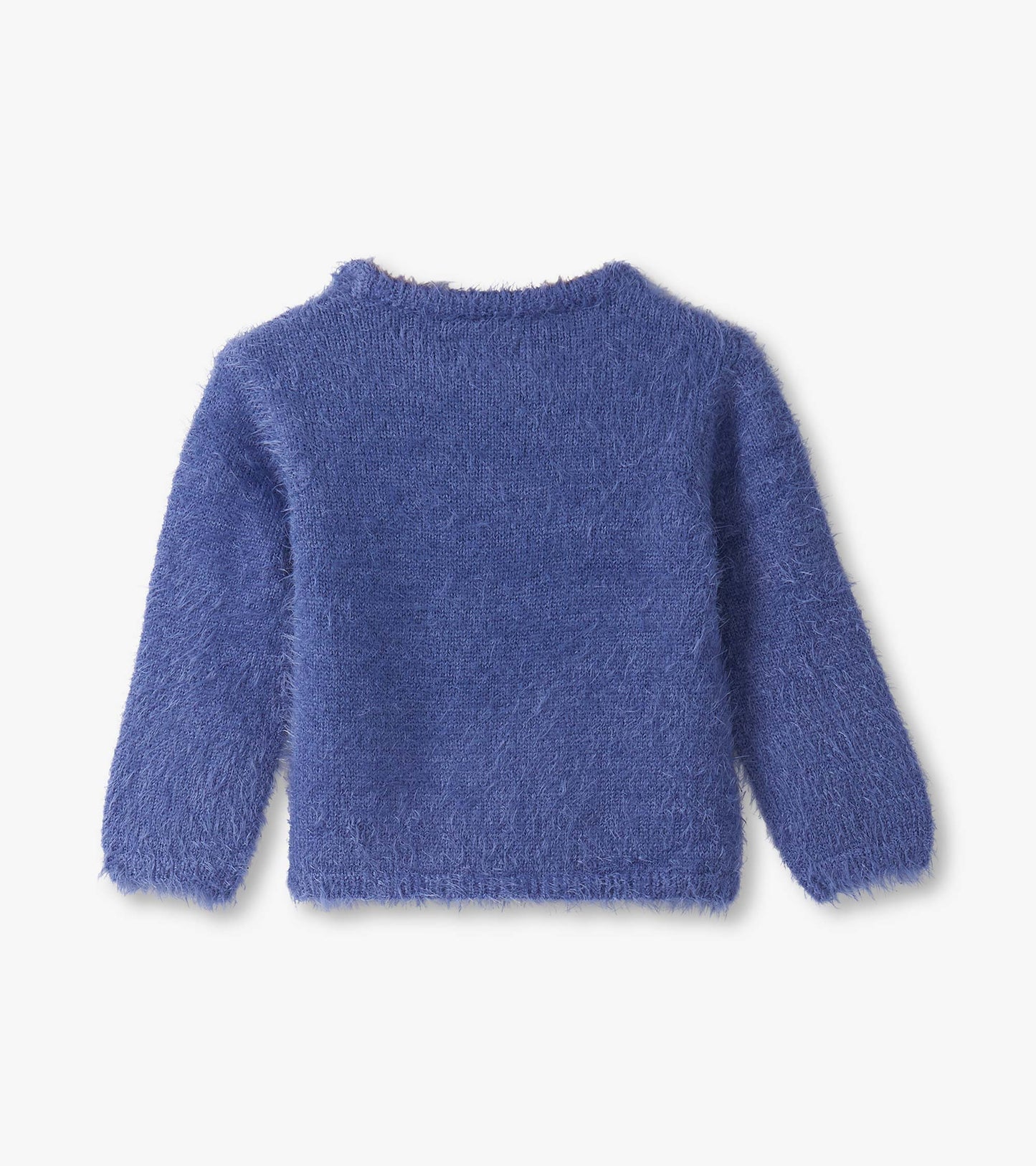 Furry purple sweater for baby and toddler girls, featuring long sleeves and a cozy texture. Back view shown.