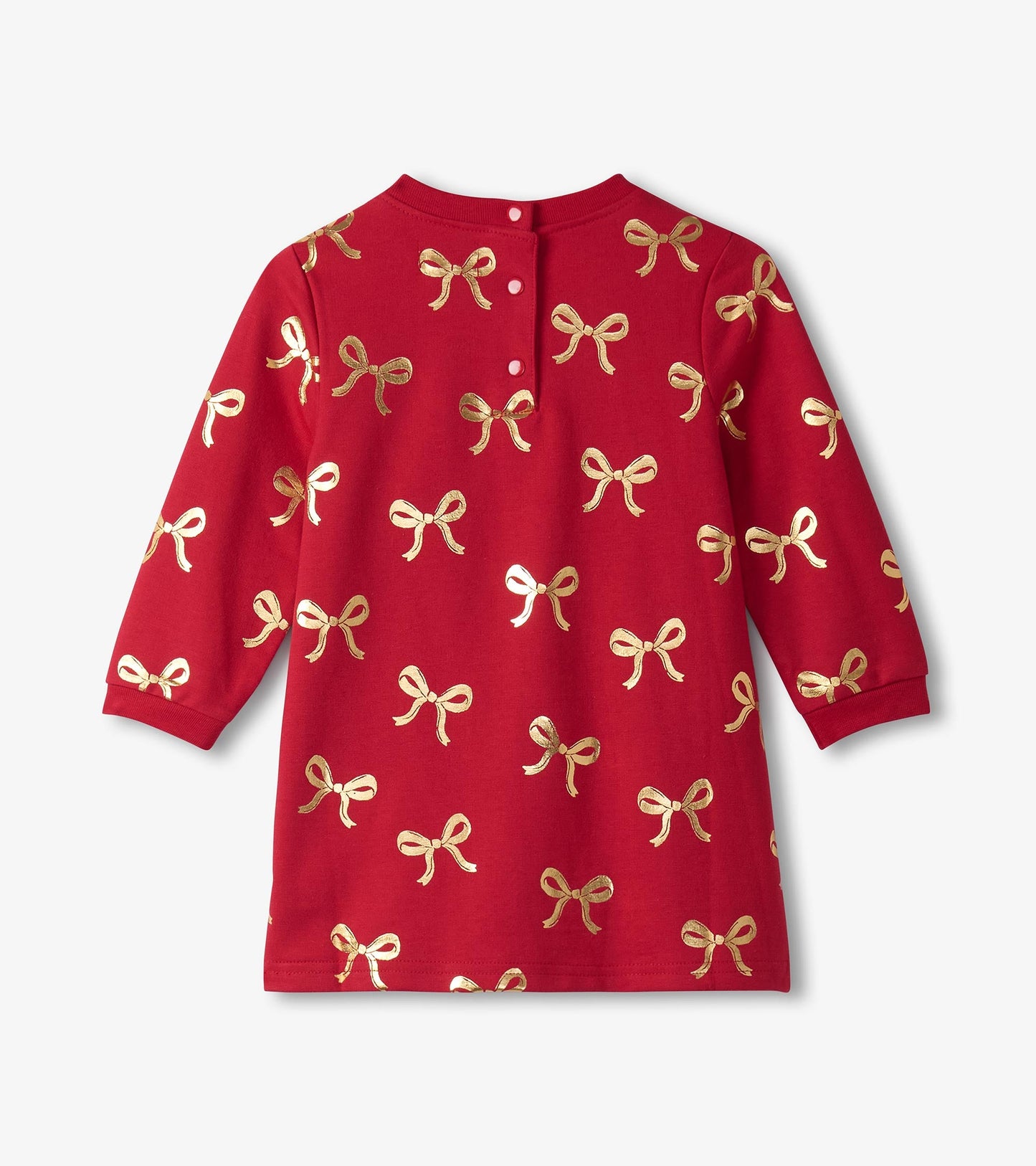 Red dress featuring gold ribbon patterns, long sleeves, and a button closure at the back. Suitable for baby and toddler girl…