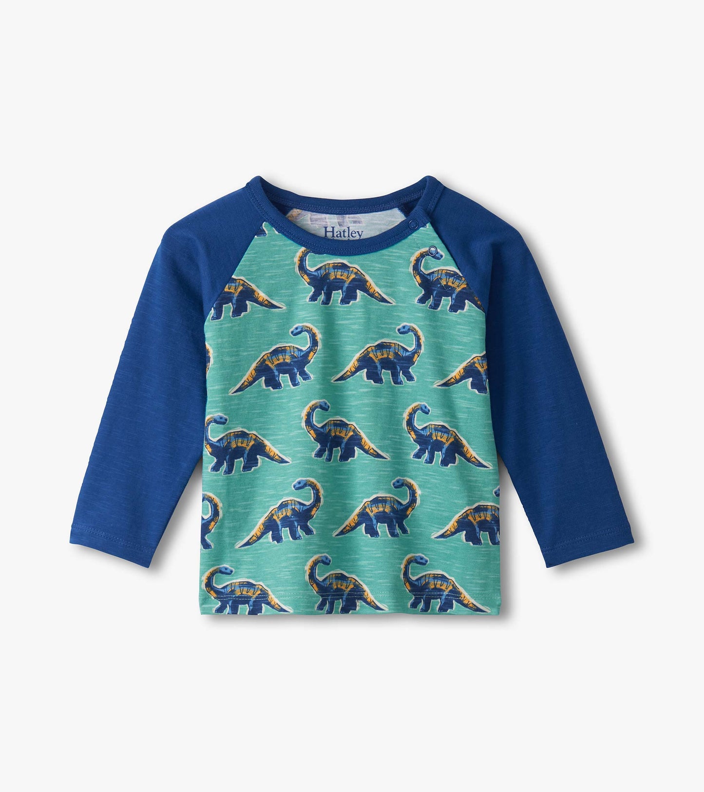 Long-sleeve raglan lounge set featuring a green dinosaur print with blue sleeves, suitable for baby and toddler boys.