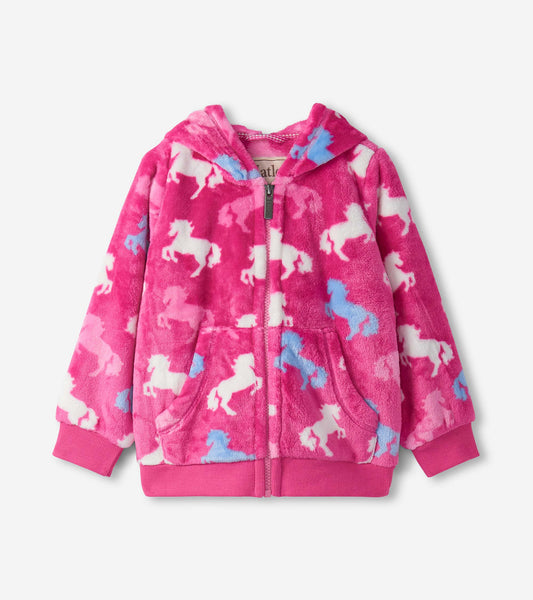 Pink fleece zip-up hoodie featuring a playful horse pattern in white and blue, with a hood and front pockets.