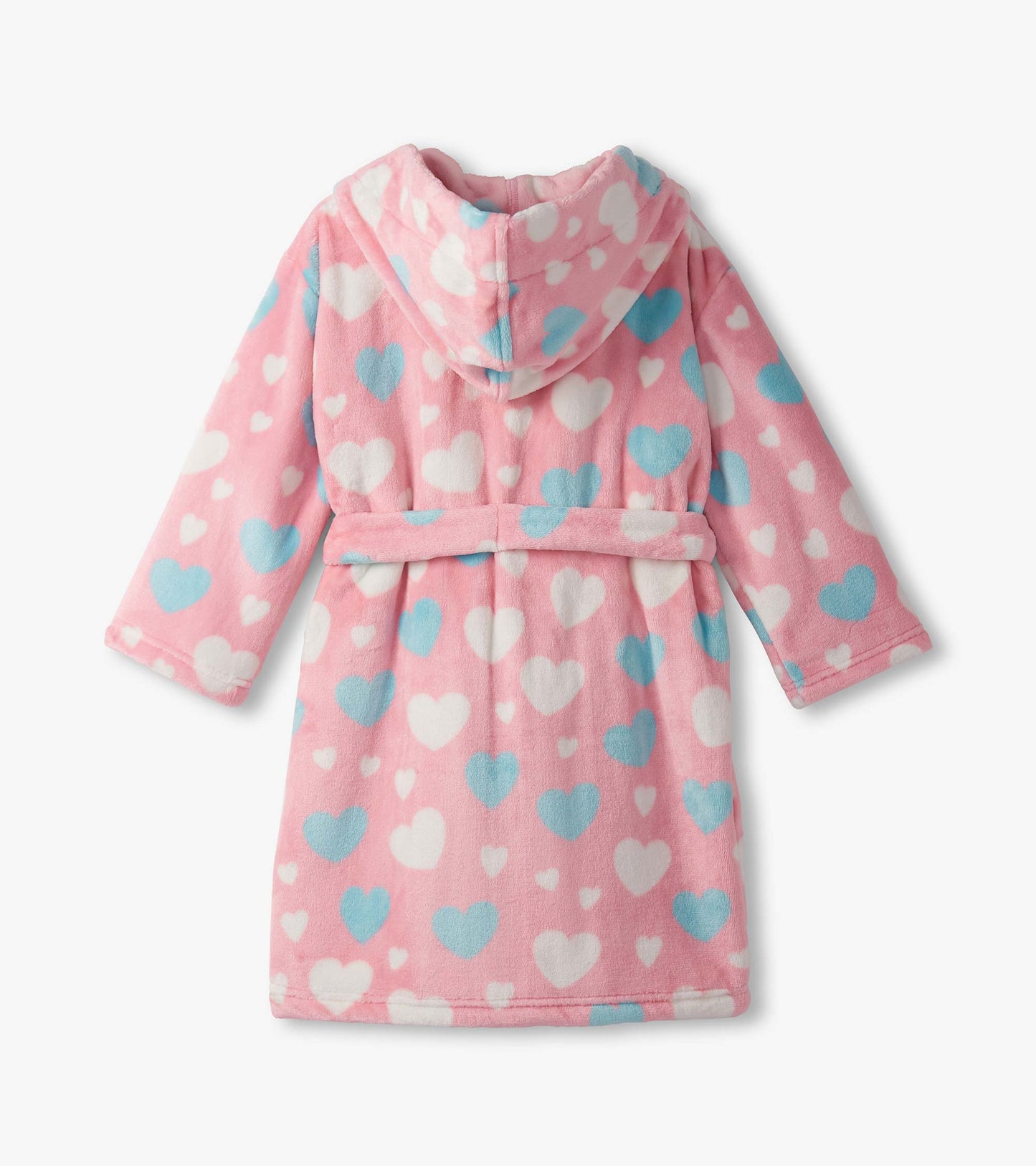 Pink fleece robe with a hood, featuring a pattern of white and blue hearts, tied at the waist with a matching belt.