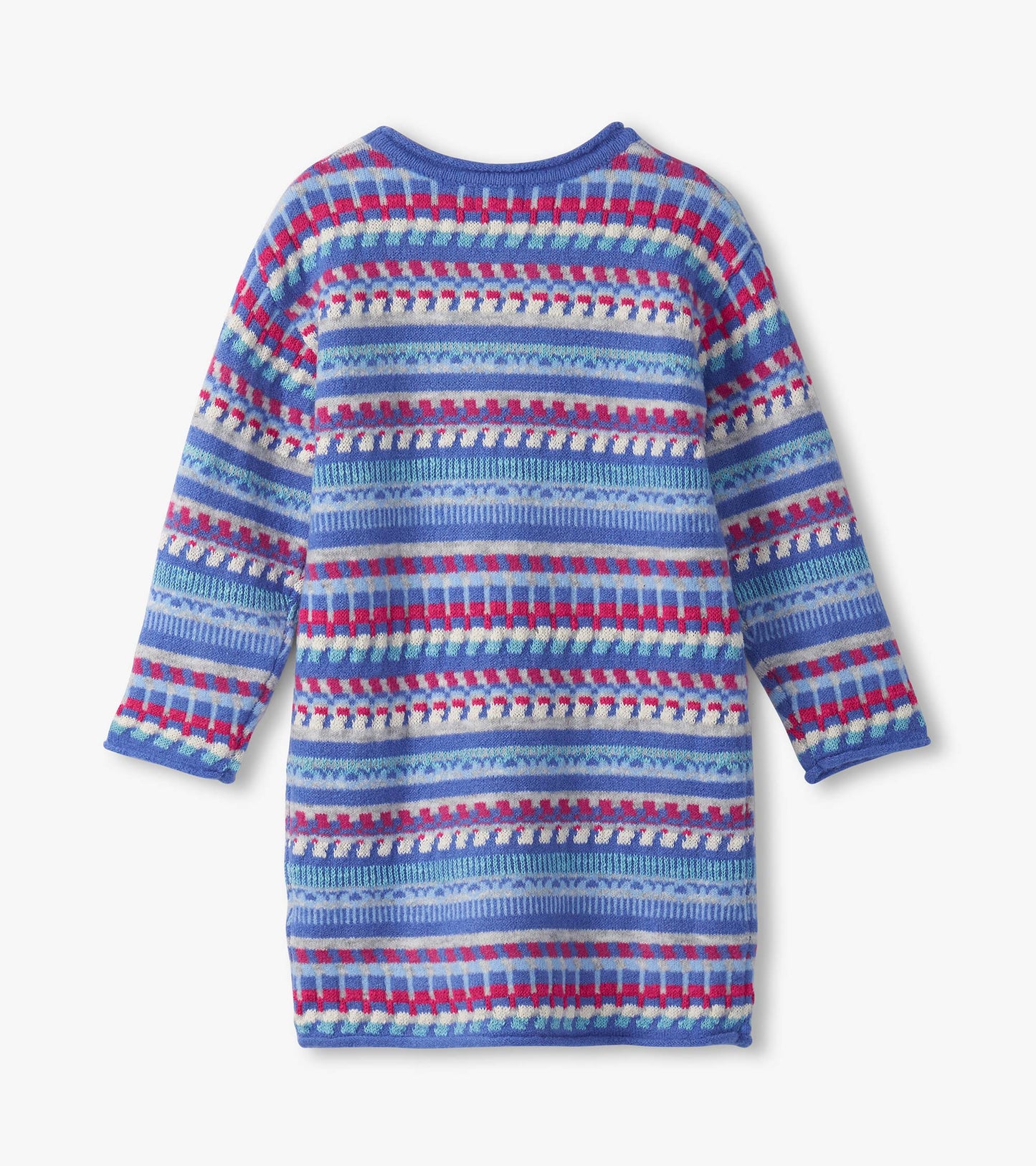 Blueberry striped sweater dress featuring long sleeves and a round neckline, showcasing a colorful pattern.