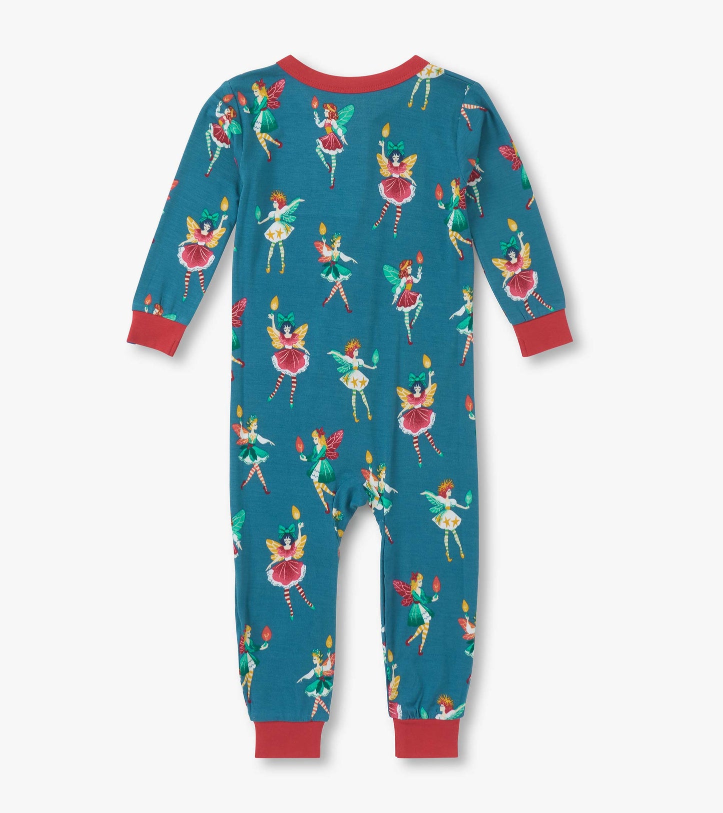 Teal bamboo sleeper featuring colorful fairy prints and red trim, designed for baby girls, with long sleeves and footed legs.