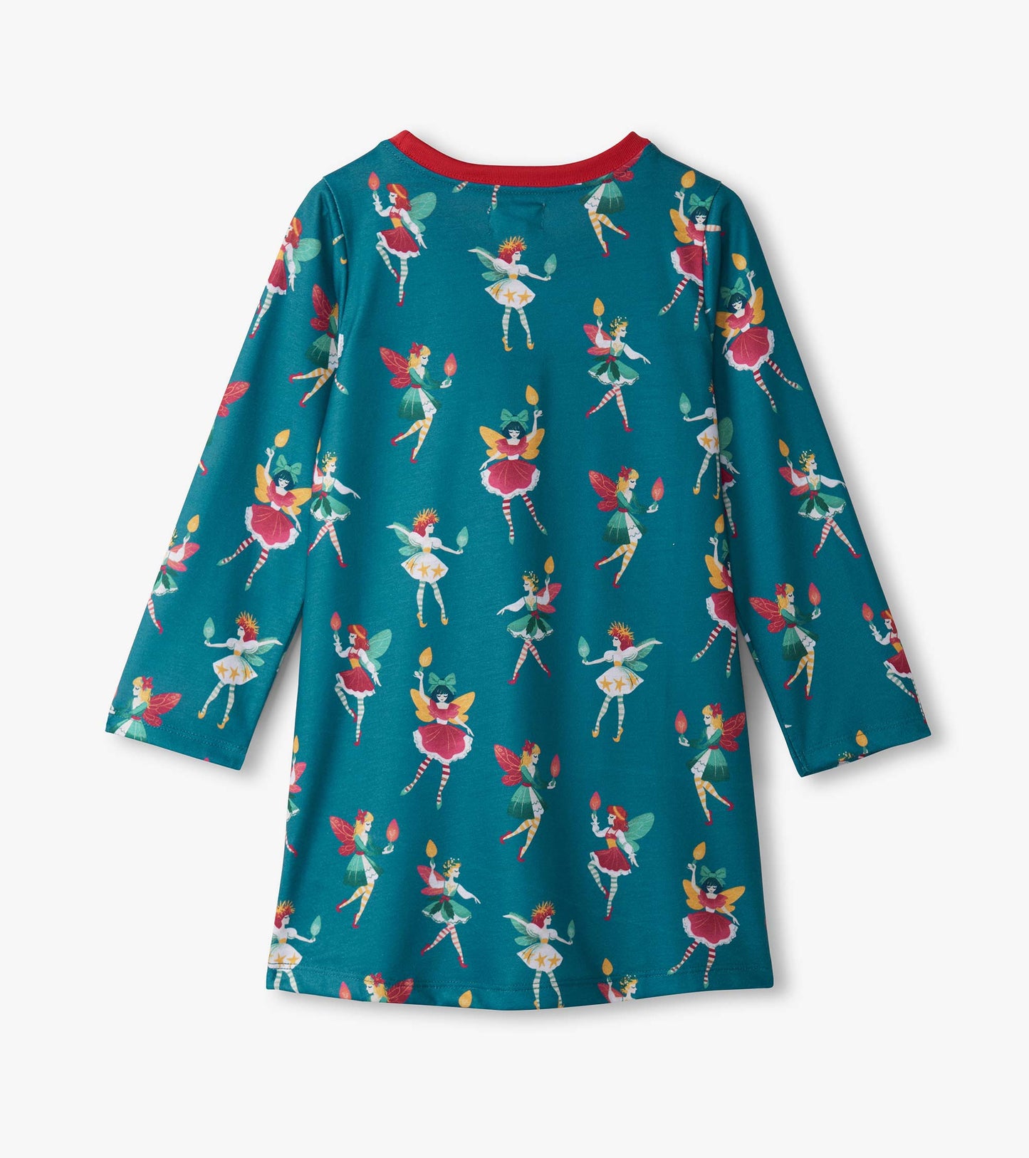 Teal long sleeve nightdress featuring colorful fairy prints and a red neckline, perfect for cozy bedtime wear.
