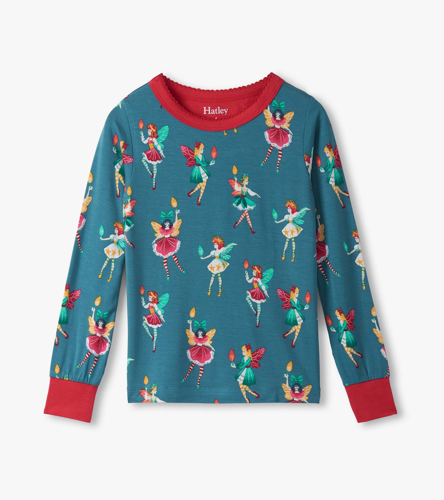 Teal long-sleeve pyjama top featuring colorful fairy illustrations and a red neckline and cuffs.