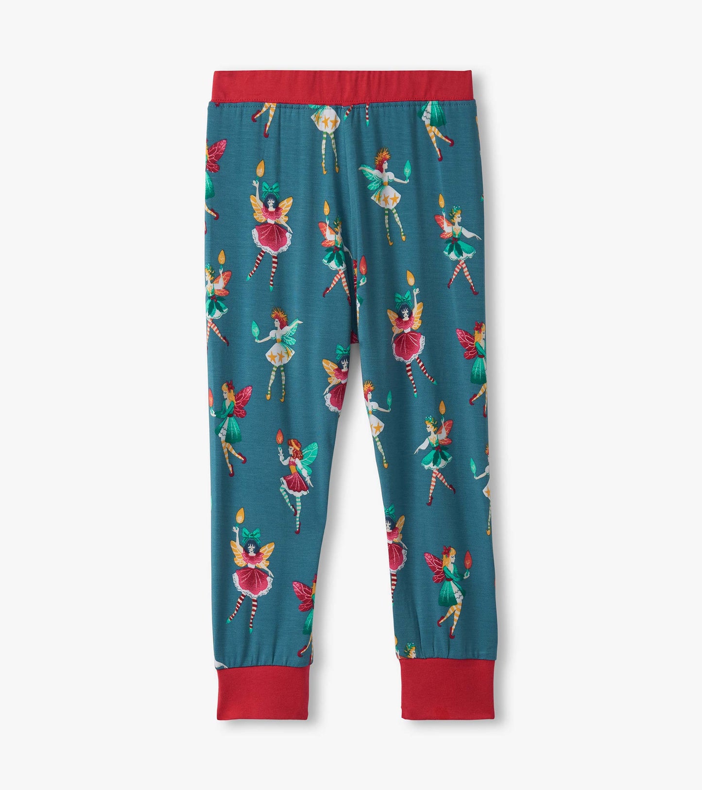 Teal bamboo pajama pants featuring colorful fairy illustrations and a red waistband.