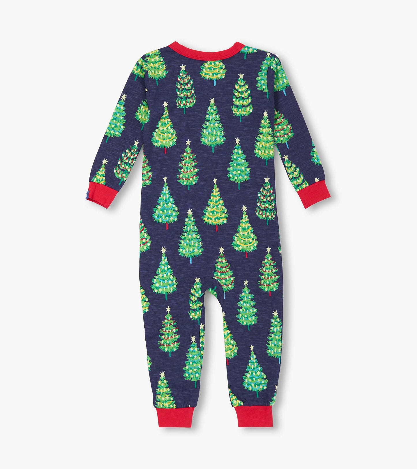 Navy cotton sleeper featuring colorful Christmas tree patterns and red trim, suitable for baby boys aged 0-24 months.