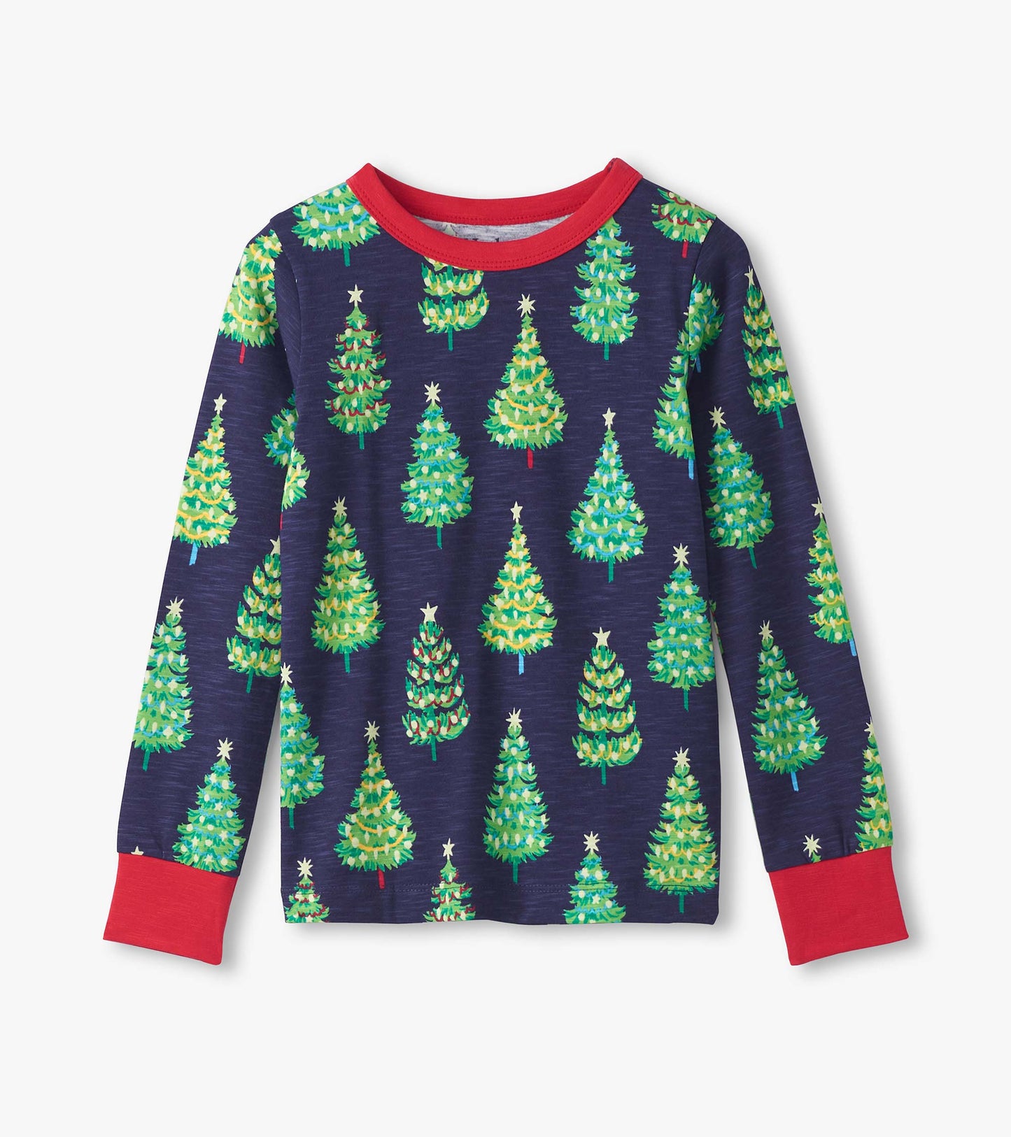 Navy cotton long-sleeve pyjama top featuring colorful bottle brush trees and red cuffs.