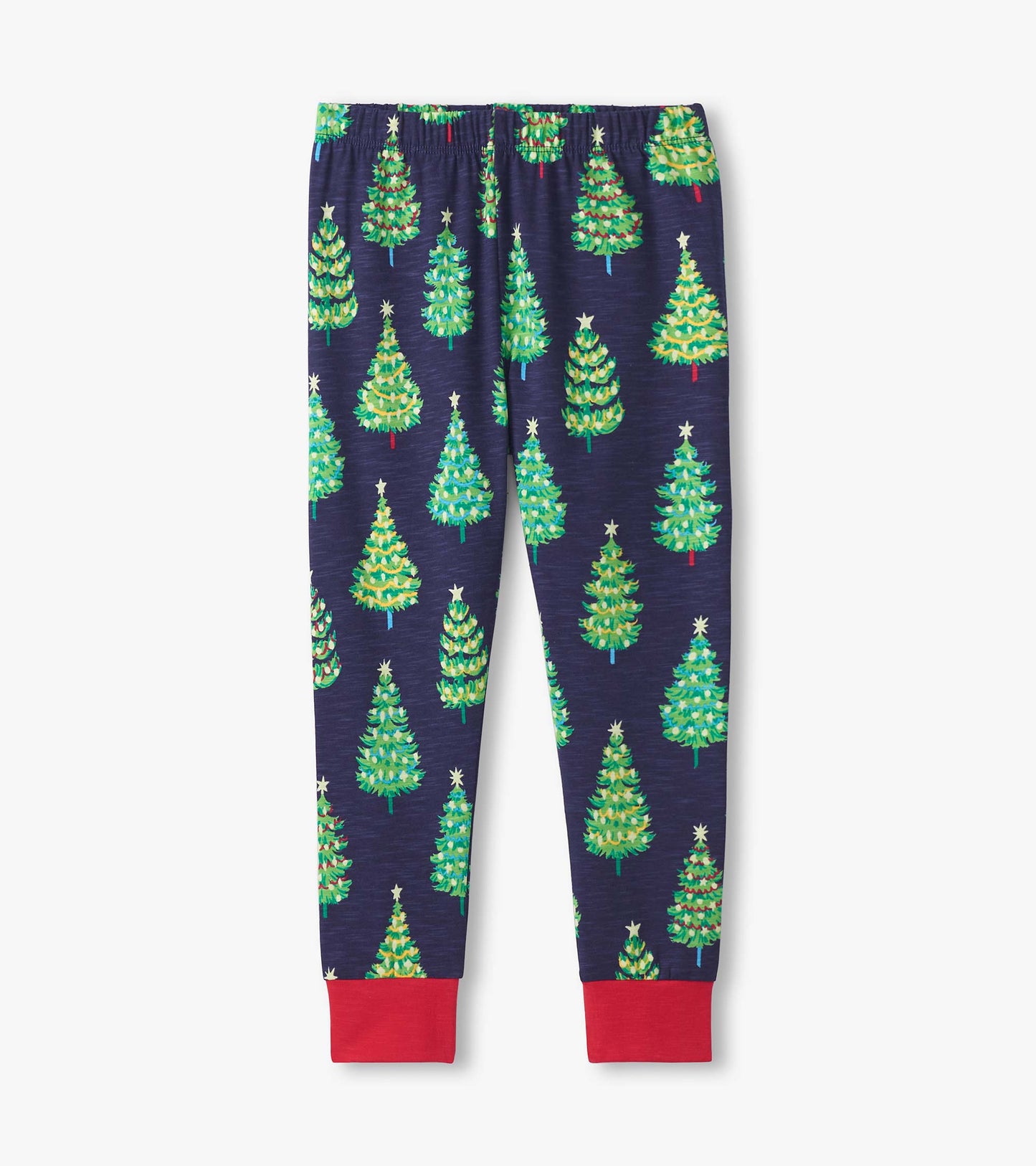 Navy cotton pajama pants featuring a festive pattern of colorful bottle brush trees and red cuffs.