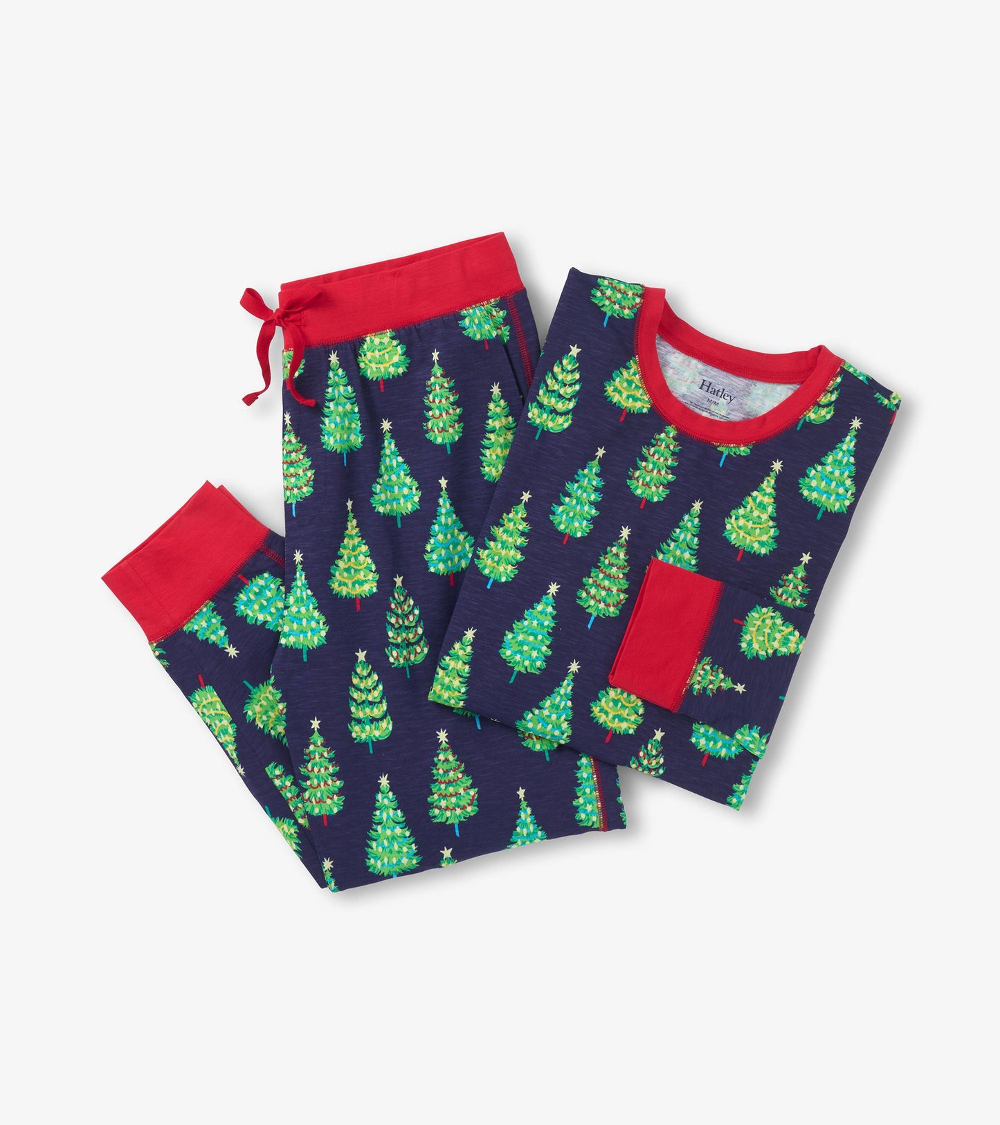 Navy cotton pyjama set featuring colorful bottle brush trees and red accents, includes a top and matching pants.